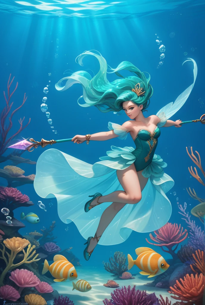 Mermaid, holding a harpoon weapon, wearing fins on her head, long pink hair, shell bodice, evil expression, beautiful HD graphics, 4k