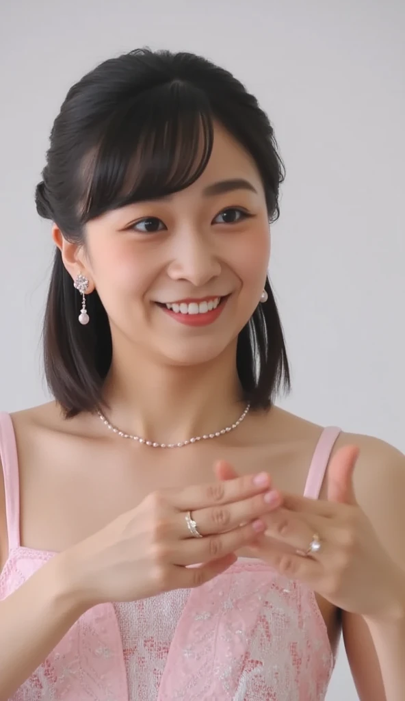(A close-up selfie photo of two Japanese nude girls), 25-years-old, (Standing closely), (In the office), (Both smiling), (Both looking at the viewer), best quality, masterpiece, (Wearing transparent sheer long-sleeve bridesmaid-dress), (choker), (((Double eyelids))), Bangs down, earrings, (((Big beady eyes))), ((Completely transparent dress)), ((Nudists))