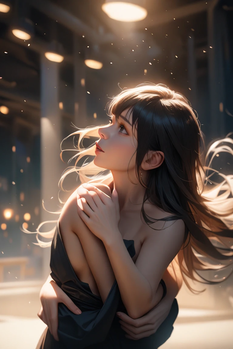there is a woman with a white bra top and a black background, photorealistic anime girl render, glowing flowing hair, flowing backlit hair, anime. soft lighting, smooth anime cg art, unreal engine render + a goddess, flowing glowing hair, artgerm ; 3d unreal engine, anime lighting, 8k portrait render, 8k artgerm bokeh