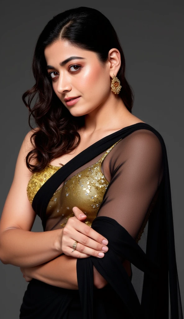 Generate a ultra realistic close up front image of a black transparent sleeveless saree. The blouse is golden colour with mirror sequins. It has no sleeves and has a golden satin finish with spaghetti straps. The woman is giving a sexy, seductive and bold look.