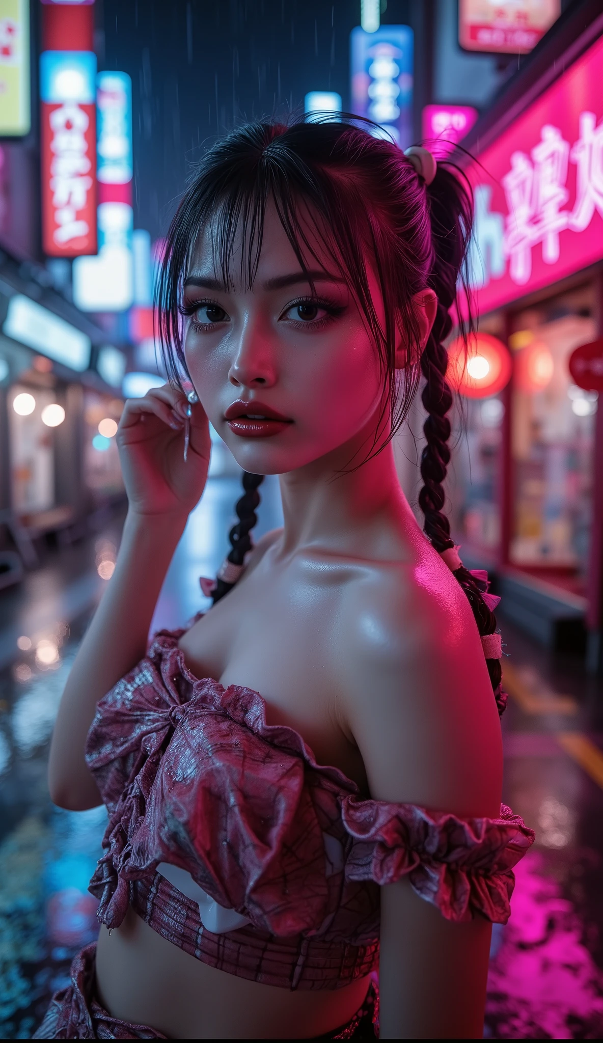  [Style: "masterpiece, realistic (Photorealistic realism), Hyper high resolution, (ultra quality, intricately detailed digital art), focus on extremely Realistic Proportion Body"] (Key Directive: "Prioritize anatomical accuracy and material textures") "Portrait of {woman in Tup tube standing on the street, full body shot | ultra realistic texture details: velvety skin, hair}" {Character: "20-year-old white woman, ((full and firm breas:1.3)), ((small butt))" | Face: "symmetrical, pale skin, full lips" | Eyes: "((sharp focus, no blurry eyes, Hyper absurd quality, Hyper details, Hyper realistic blue eyes:1.2))" - "((extra narrow eyebrows))" - "(Carefully draw Long blue_mascara:1.2)" - "(perfect round eyes)" | Makeup: "detailed lips:1.3, (apply glossy red_lipstick:1.25)" | Hair: "black with braids, (white ribbon)" | Pose: "dynamic side position" | Outfit: [Top: - "Tube (Simple short Tube), Black:1.25)"] [Bottom: "Tube Skirt, (black and tight)"] | Environment: "Tokyo backstreet at night (rain-slick asphalt, neon signage in Japanese)" | Lighting: - "Cinematic neon wash (pink/cyan dominance)" - "(aim into the distance and shoot)'' (Rendering engine: "Unreal Engine 5 path tracing, 16K texture maps"). The ultra-Highres,Unreal 5,Subsurface scattering,PBR Texturing,Post-Processing,Anisotropic Filtering,depth of fields,Maximum Sharpness and Sharpness,multi-layered texture,Albedo and Specular maps,Surface Shading,Precise simulation of light-material interactions,perfectly proportions,Octane rendering,Two-tone illumination,Wide Aperture, low ISO, white balance, The rule of thirds }