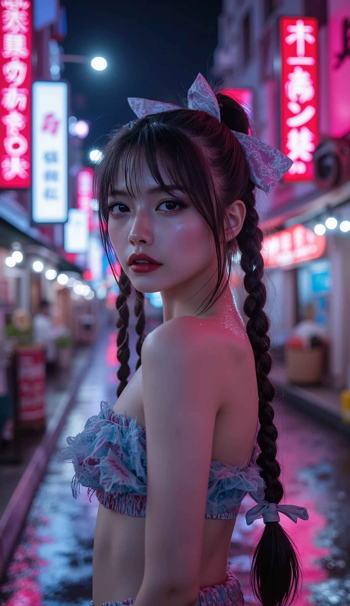  [Style: "masterpiece, realistic (Photorealistic realism), Hyper high resolution, (ultra quality, intricately detailed digital art), focus on extremely Realistic Proportion Body"] (Key Directive: "Prioritize anatomical accuracy and material textures") "Portrait of {woman in Tup tube standing on the street, full body shot | ultra realistic texture details: velvety skin, hair}" {Character: "20-year-old white woman, ((full and firm breas:1.3)), ((small butt))" | Face: "symmetrical, pale skin, full lips" | Eyes: "((sharp focus, no blurry eyes, Hyper absurd quality, Hyper details, Hyper realistic blue eyes:1.2))" - "((extra narrow eyebrows))" - "(Carefully draw Long blue_mascara:1.2)" - "(perfect round eyes)" | Makeup: "detailed lips:1.3, (apply glossy red_lipstick:1.25)" | Hair: "black with braids, (white ribbon)" | Pose: "dynamic side position" | Outfit: [Top: - "Tube (Simple short Tube), Black:1.25)"] [Bottom: "Tube Skirt, (black and tight)"] | Environment: "Tokyo backstreet at night (rain-slick asphalt, neon signage in Japanese)" | Lighting: - "Cinematic neon wash (pink/cyan dominance)" - "(aim into the distance and shoot)'' (Rendering engine: "Unreal Engine 5 path tracing, 16K texture maps"). The ultra-Highres,Unreal 5,Subsurface scattering,PBR Texturing,Post-Processing,Anisotropic Filtering,depth of fields,Maximum Sharpness and Sharpness,multi-layered texture,Albedo and Specular maps,Surface Shading,Precise simulation of light-material interactions,perfectly proportions,Octane rendering,Two-tone illumination,Wide Aperture, low ISO, white balance, The rule of thirds }