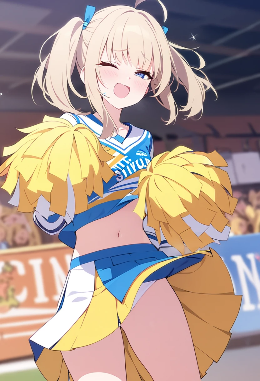 1girl, luminernd, large breasts, cheerleading uniform, belly, night, stadium background, smiling