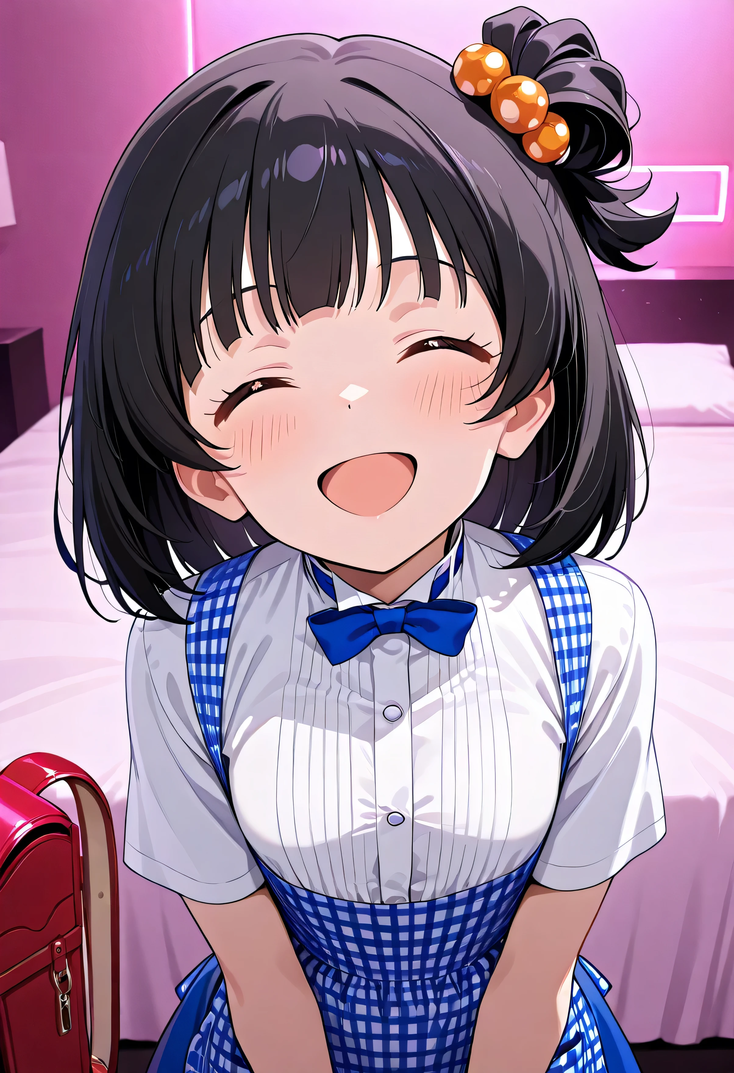 1girl ,Nakatani Iku,Idolmaster Million Live,hotel bed,kobeya uniform,blue bow, blue bowtie, white shirt, short sleeves, blue skirt, Blue apron, gingham apron, employee uniform, high-waist skirt,(beautiful girl:1.3),masterpiece,Please redeem,Ultra-high resolution,rich contrast,Very high quality,8k,Highly detailed CG unit wallpaper,Texture,So ridiculous,RAW Photos,anime-style illustration,studio anime style,professional photograph,an extremely delicate and beautiful,Depth of written boundary 1.2,Glowing Skin,Beautiful glossy lips,(pink lighted room),(( randoseru)),smile,open your mouth wide,small breasts,Leaning forward,Looking up,Tilt your head,with closed eyes