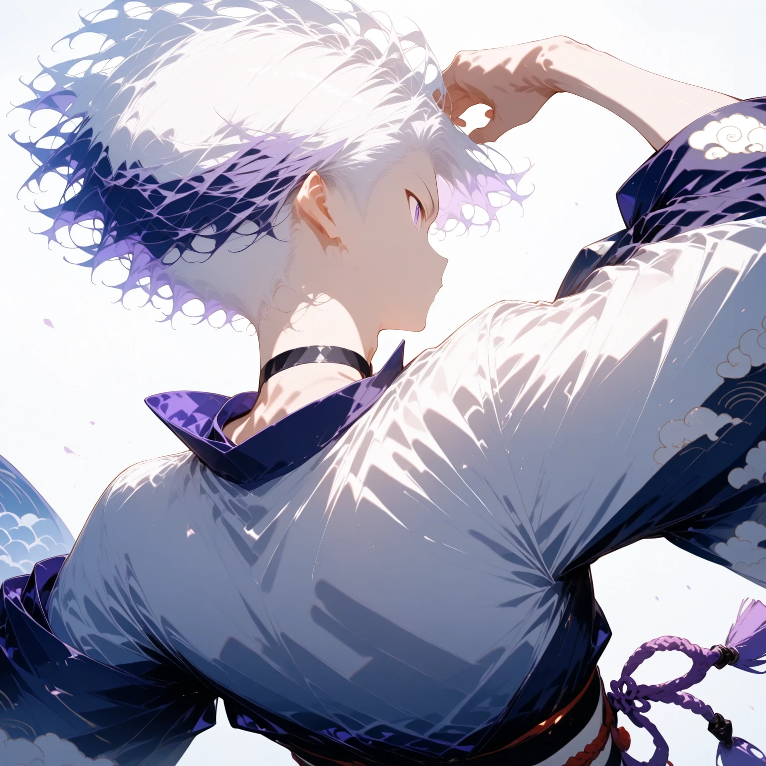 (solo), white hair, messy hair, mane hair, short hair, dense hair, wild hair, expressive hai,(25 year old), pale skin, ((Female)), blue eyes, beautiful girl, wearing a white and blue decoration kimono, beautiful, attractive, huge breast, big ass, Yin, eye reflection, depth of field, thunder aura, cinematic lighting, ray tracing, depth of field, cinematic lighting, ray tracing, UHD, high details, best quality, highres, high quality, award winning, super detail, masterpiece, 8k, UHD, high details, best quality, highres, high quality, award winning, super detail, masterpiece, 8k, digital art, anime coloring, body shot, full body, back shot, good face, perfect face, detailed face, good eyes. The background is space. A whitehole in the background.