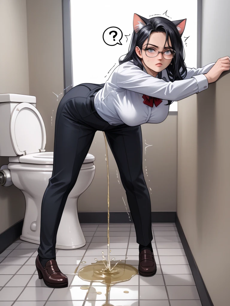 nsfw, (masterpiece, top quality, best quality, highly detailed:1.6), extremely detailed CG unity 8k wallpaper, strong facial expression, (at midnight), night, at dawn, (sharp eye:1.2), (scowl:1.1), (embarrassed, blush:1.3), (steam:1.8), (wet:1.2), (sweat:1.1), (trembling:1.3), (open mouth, wavy mouth:1.4), (harf open eyes:1.5), (feeling weak:1.5), (shoot from front, looking at viewer:1.2), (leaning forward,close knees, hands between legs, pee running down legs:2), (((clutching crotch))), (office building, high rise building corridor), skyscraper, (1 woman in the office room, indoor, business suit, Formal shirt, eye wear, earrings:1.5), under-rim glasses, ((suit, Pencil Skirt)), tight skirt, high-heels, (long hair, low ponytail, brown hair, pubic hair, Brown:1.5), (woman trembling with sexual climax:1.5), colorful, full body, wide shot, perfect composition, (chrotch, pussy, urethra, panty, panties), urination, incontinence, piss, peeing self, (((pee stream))), (pee puddle), wetting herself, pee stain, large breasts, Yellow pee, ((leaking pee)), puddle of pee, Pee at your feet, Pee spread on the floor, Pee stains, Dripping pee between my legs, Feet wet from pee, Pee-covered feet, Pee at your feet, want to pee, about to pee, Full bladder, Pee-soaked skirt, Pee-soaked high-heels, natural makeup, A pair of partially removed panties is hanging around one of her ankles,