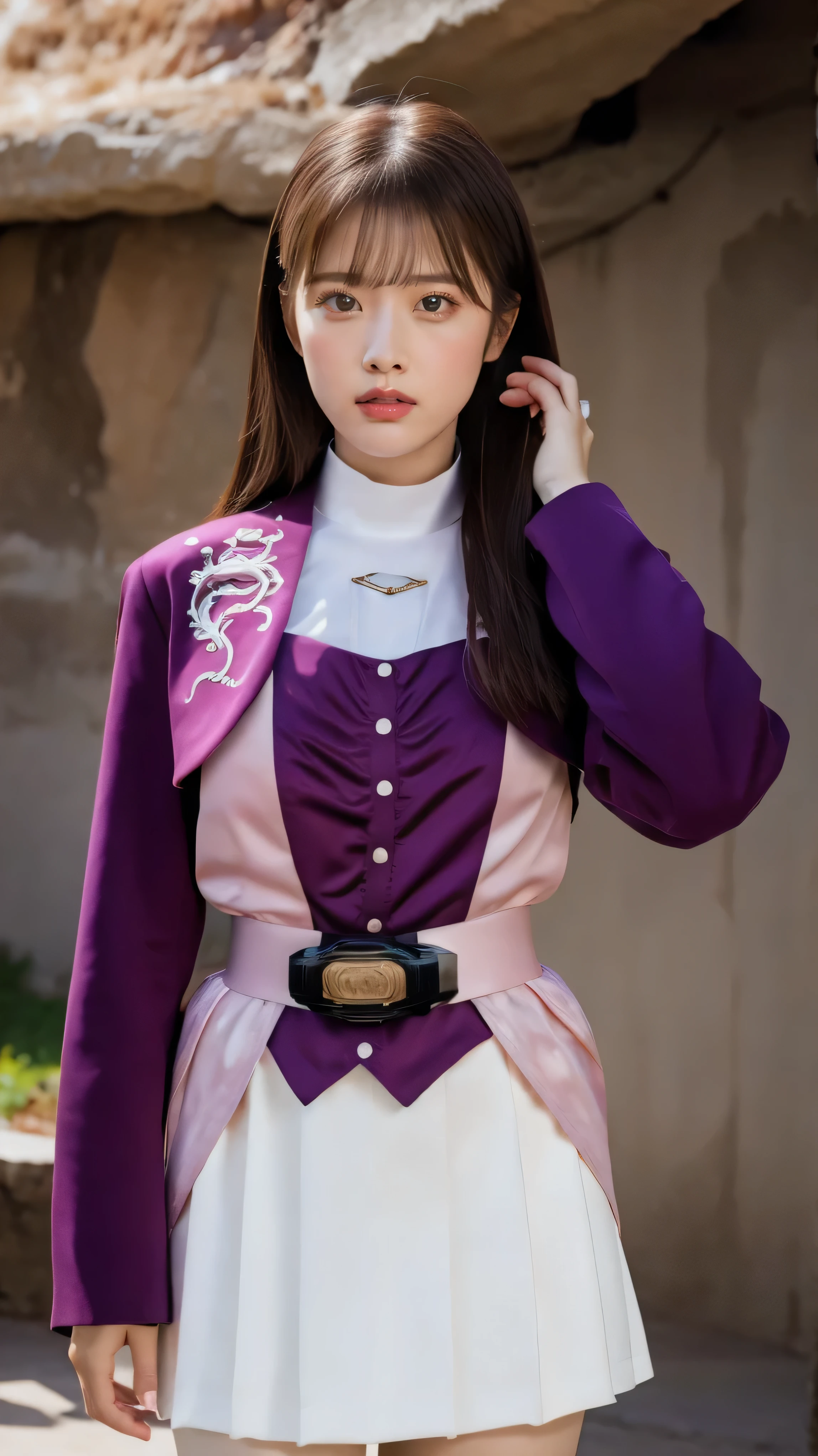 ( High-definition CG),( Best Quality ),(( composition showing the part above the knee)),((Dark cave interior background)),(( 1girl )), perfect face, shiny skin , wide hips , thin waist, purple bolero jacket,((white skirt)), Long Sleeve , pink belt,((brown hair color )), straight long hair,((Composition showing the part above the knee where the eyebrows are bent in the shape of a C )),(( crying face)), on the chain,