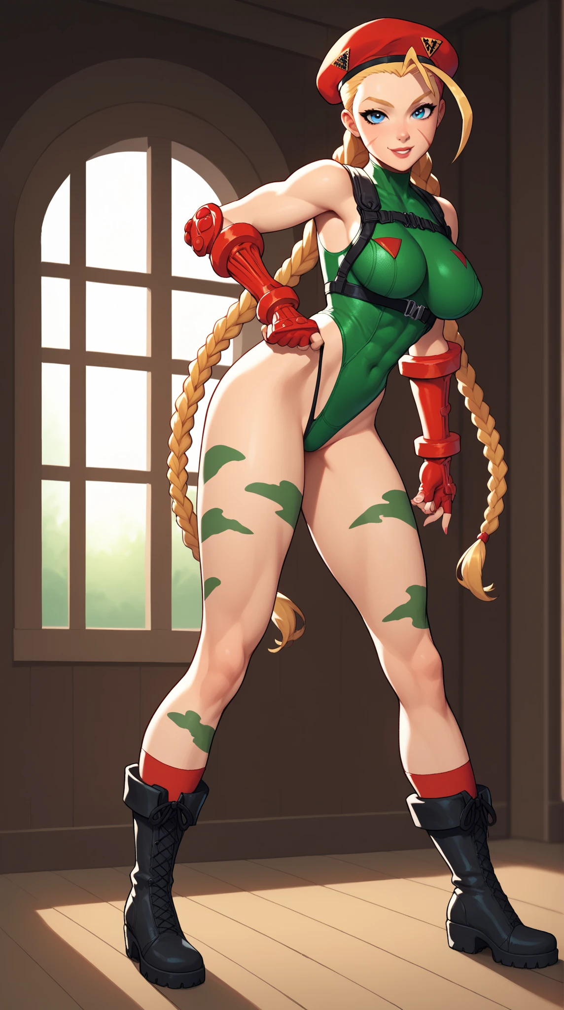 "(exquisitely detailed CG unity 8k wallpaper, masterpiece best quality with stunning realism, high res) (best illumination, best shadow) (elegant and demonic style:1.2) Arti modern anime, angled view, heroic pose, closeup full body portrait of stunningly beautiful mature cammy from street fighter, Cammy white, 2twins braids, long hair, blonde hair, antenna hair, beret, (red headwear:1.3), blue eyes, scar on cheek, green tight leotard, large breasts, sleeveless, red gloves, fingerless gloves, camouflage, hard, large ass, abs, a little muscular, revealing, depth of field blur effect, night, full zoom, action portrait, photorealistic. cinematic lighting, highly detailed. best quality, 4k, Better hand, perfect anatomy, leaning forward, foreshortening effects, coy flirty sexy expression, foreshortening effect (piercing eyes:0.8) surrounded by an ominous and dark atmosphere, accentuated by dramatic and striking lighting, imbued with a sense of surreal fantasy" (patting a small cat:1.5) wearing laced military boots:1.5) (inside an extravagant British castle at night:1.5) (happy and smiling:1) (crouching down:1)