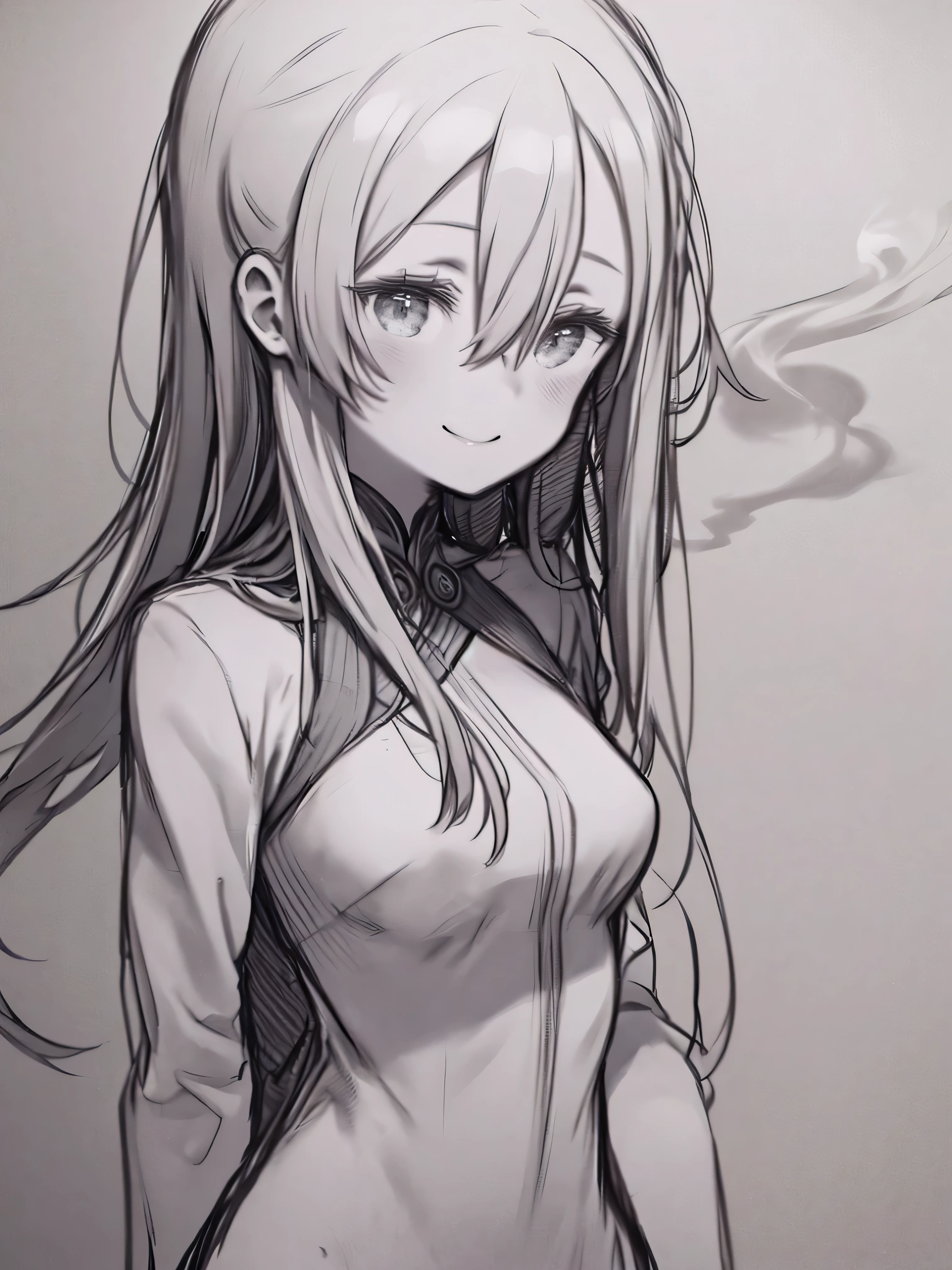 black and white、Charcoal drawing、 Line Art、Sketch、one woman、upper body、bust up shot smoking in bed、draft、Rough sketch、 Smile、hair between eyes、long hair、