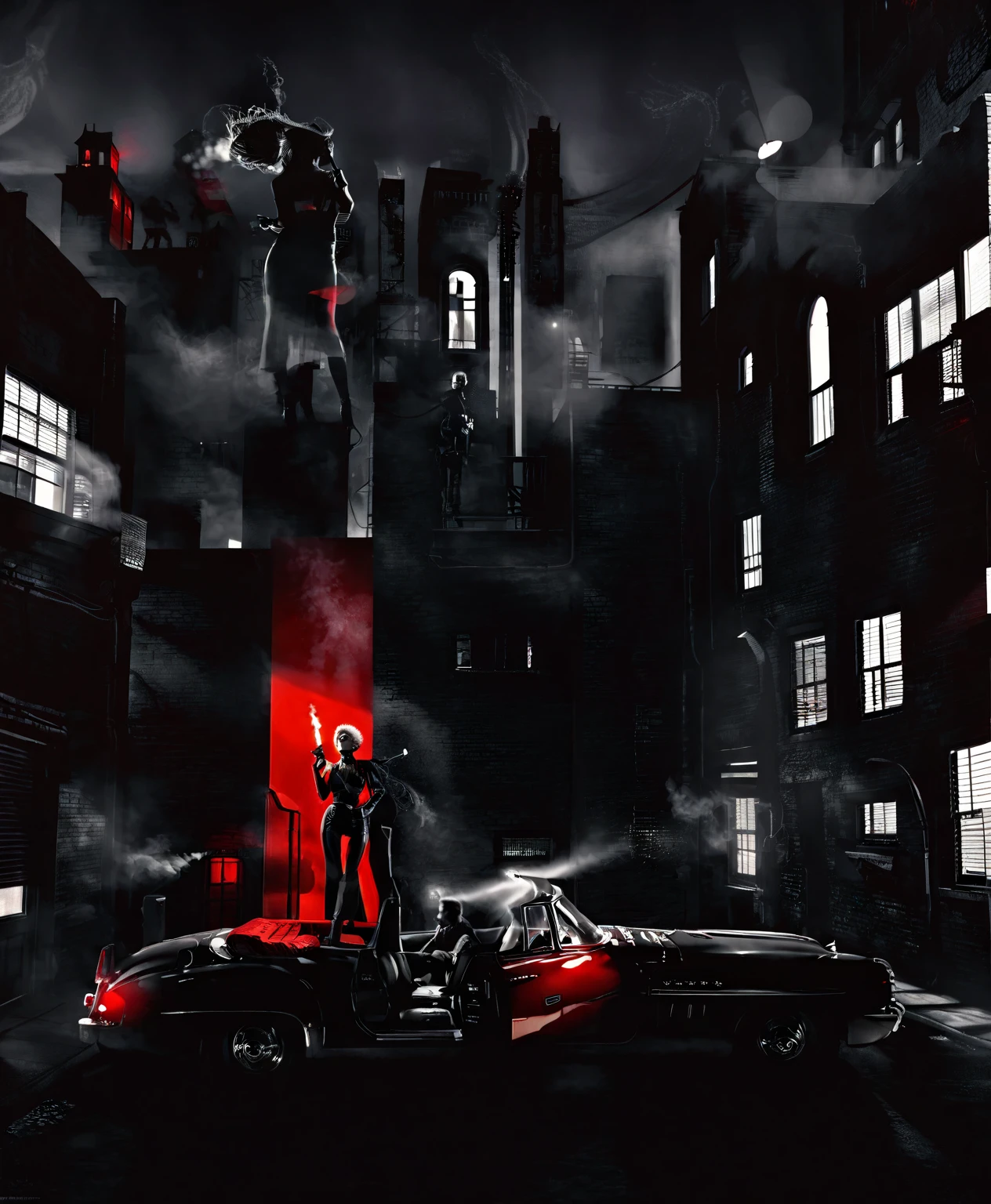 photorealistic noir scene, black artwork of red high contrast featuring a woman on top of a buildingstanding with a pistol and cigar, smoke going high, half lights from the side, building with some windows lights off, street and car parked with lights on, shades of light, red and black artwork, wide angle.