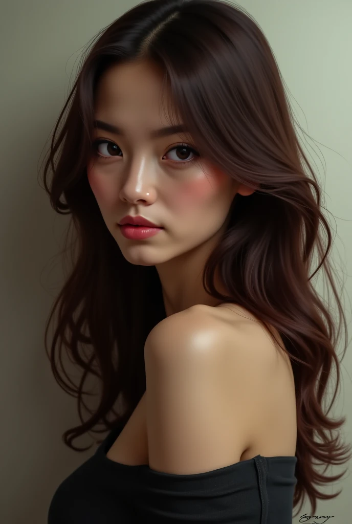 Brunette student girl bare shoulder