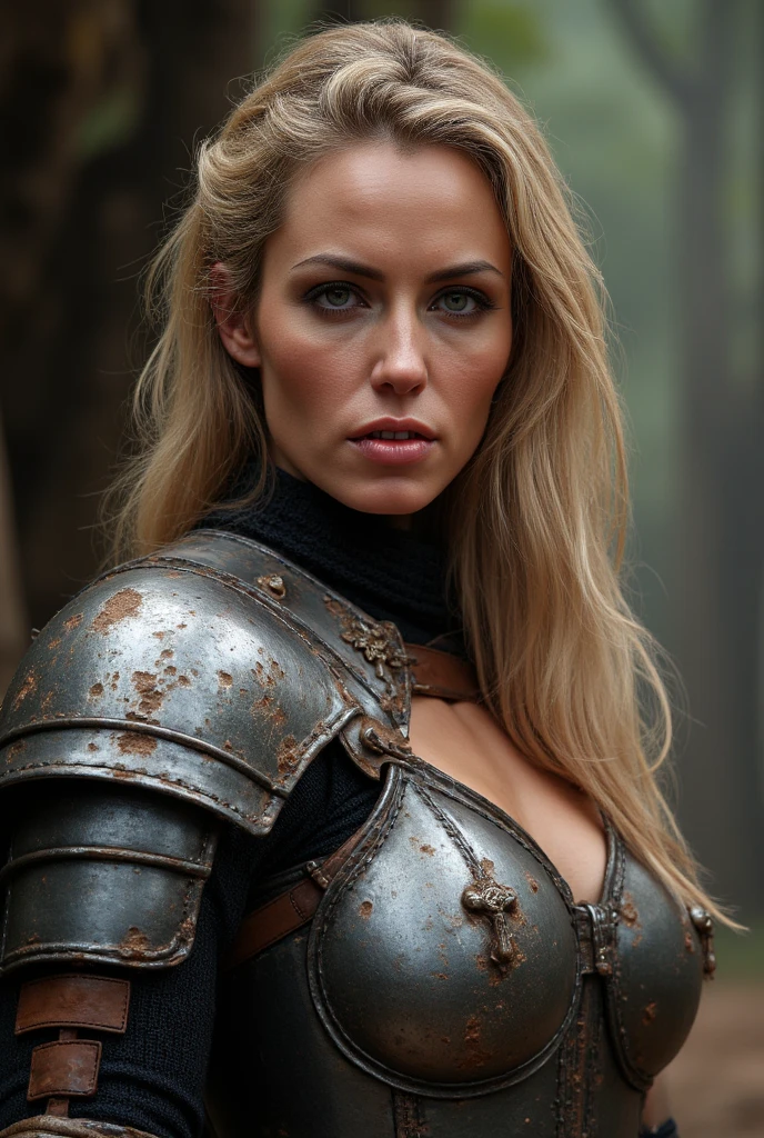 Looks like Mila Kunis, A beautiful barbarian woman, blonde hair, punk hair, sword and sorcery, skimpy armour, high detail face, high detail skin, muscle definition, high resolution, photo-realistic, cinematic lighting, depth of field, bokeh