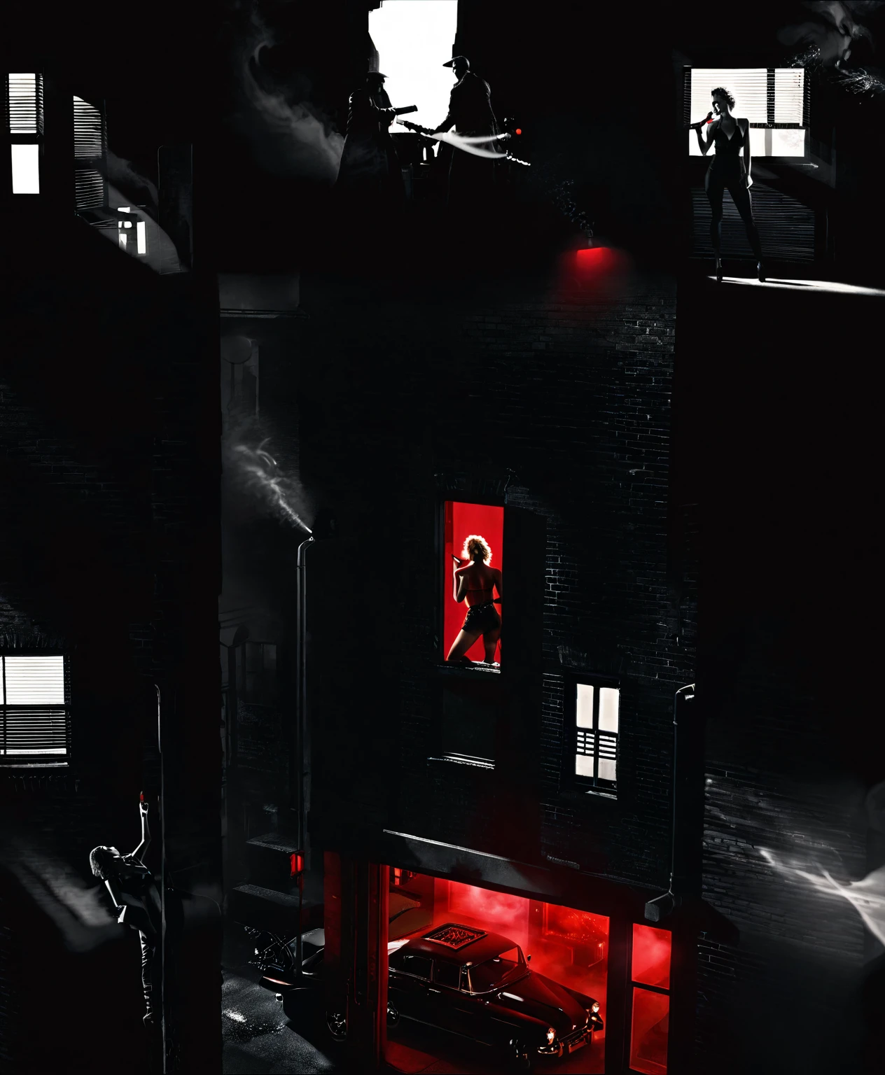 photorealistic noir scene from top to bottom view shot angle, black artwork of red high contrast featuring a woman on top of a buildingstanding with a pistol and cigar, smoke going high, half lights from the side, building with some windows lights off, street and car parked with lights on, shades of light, red and black artwork, wide angle.
