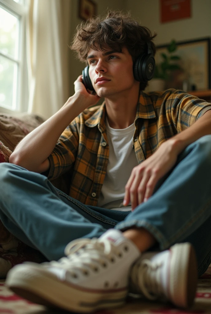 Boy sitting listening to music and writing