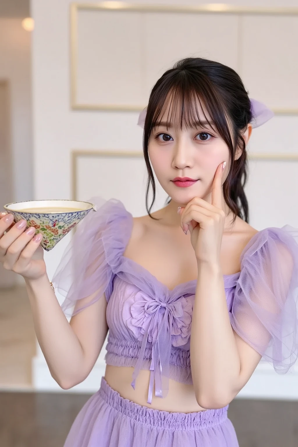 A young woman in euphoria biting into a shimmering silver pearl-like sweets, transparent gem-like box in the background, cascading light, anime illust