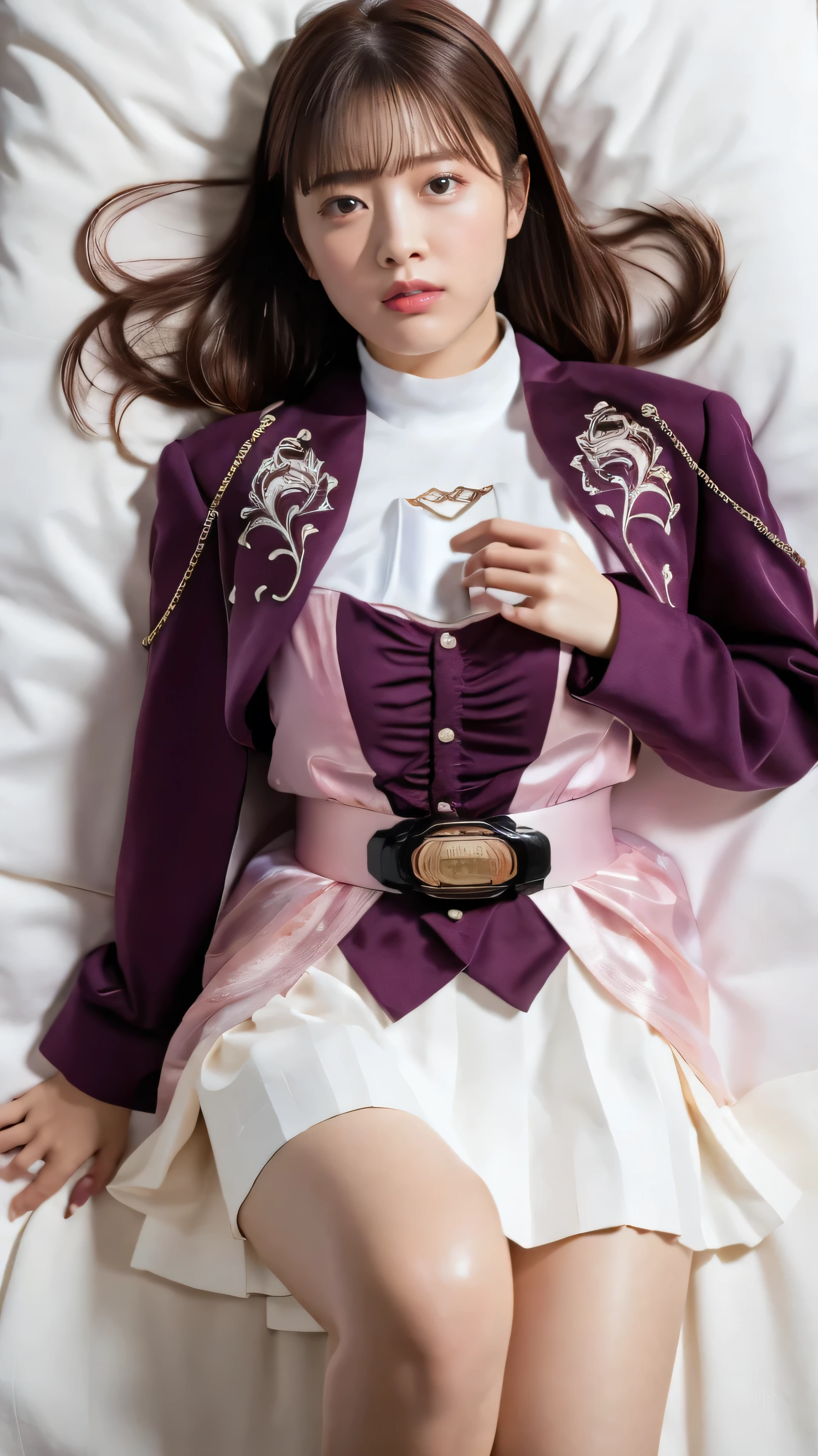 ( High-definition CG),( Best Quality ),(( composition showing the part above the knee)),((Viewpoint from directly above)),((dark room background)),((on the bed)),(( 1girl )), perfect face, shiny skin , wide hips , thin waist, purple bolero jacket,((white skirt)), Long Sleeve , pink belt,((brown hair color )), straight long hair,((Composition showing the part above the knee where the eyebrows are bent in the shape of a C )),(( crying face)),(( lying on your back on the ground)),
