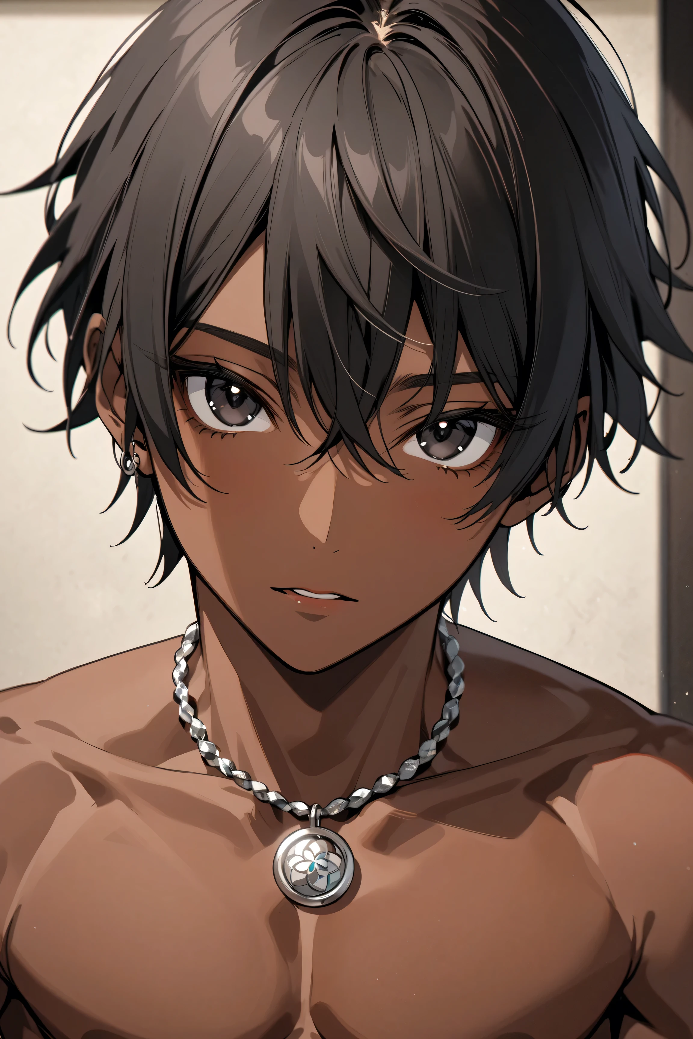 High Quality, Details, (solo dark brown skin Japanese boy), topless, (abs), (Details black eyes), (black short hair), dark brown skin face, detailed puffy nipple, nipple ring, looking for viewer, uncensored,