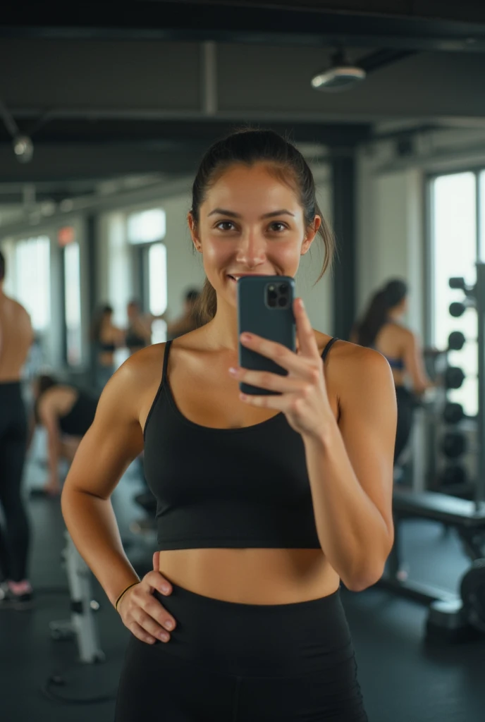 Brunette Instagram influencer, taking a selfie at the gym, using an iPhone 15 Pro Max, cute smile, working out, people in background