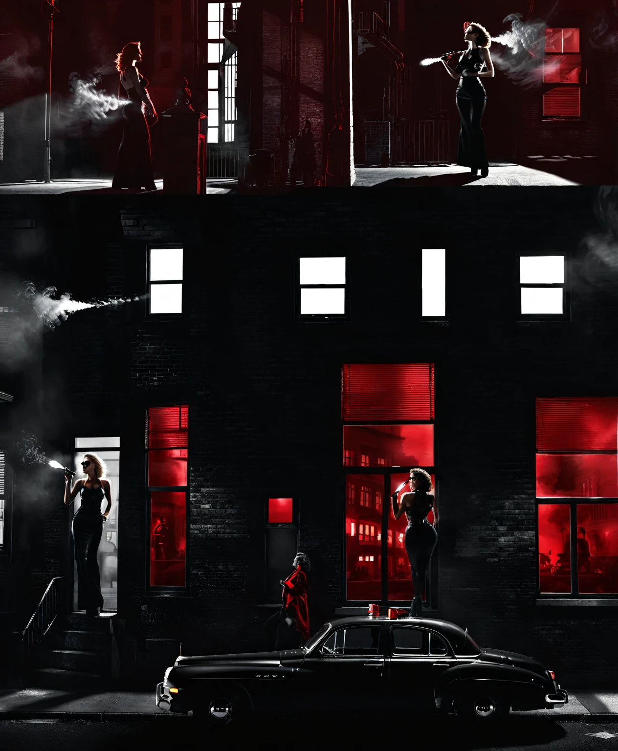 photorealistic noir scene from top to bottom view shot angle, black artwork of red high contrast featuring a woman on top of a buildingstanding with a pistol and cigar, smoke going high, half lights from the side, building with some windows lights off, street and car parked with lights on, shades of light, red and black artwork, wide angle.