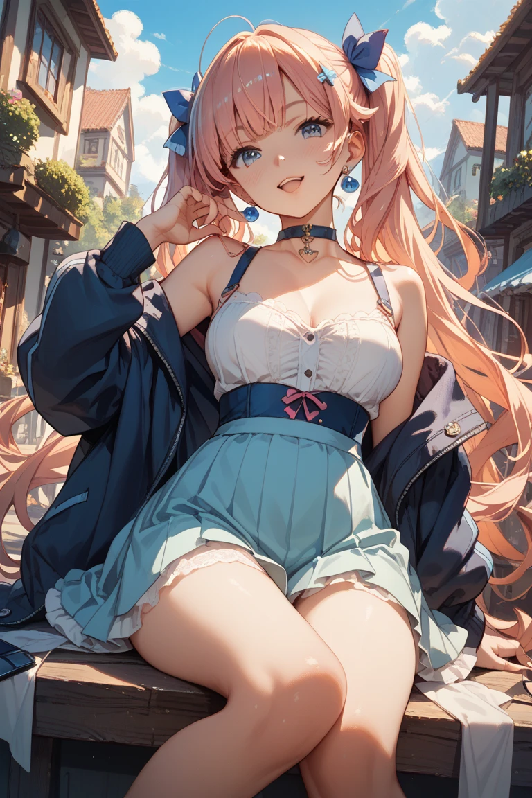 Realistic and detailed image of an elf. with a bow top and denim minishorts. stockings to mid-thigh. Unusually shiny long silky light pink hair styled in pigtails. bright turquoise eyes. She has earrings and long eyelashes. Large breasts, slim waist, very wide hips and thick thighs. Back arched. walking sensually. Autumn. leaves falling. cloudy day. park. Volumetric light. Ambient light.
