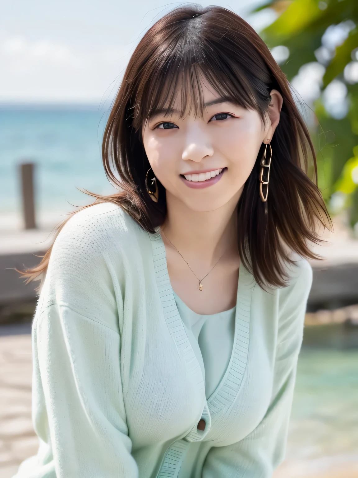 beautiful girl、(The best masterpiece:1.3), (8k, photorealistic, RAW photo, best image quality: 1.4), Japanese Girls、18 years old、(long wavy hair、 Asymmetric Bang :1.2)、(Deep cleavage :1.2)、Very Detailed Face、Please pay attention to the details、double eyelids、Long Lashes、sharp concentration:1.2、(beautiful woman:1.4)、Best Quality、masterpiece、 Ultra High Resolution 、(photorealistic:1.4)、(tight summer cardigan(pale mint green color))、 pink pleated skirt 、smile、head-to-thigh pics、(big boobies、saggy boo、 white skin、white whoops:1.2)、Her face is perfect、Summer Sea、 summer beach、 Horizontal Line 、Summer sky、 rainbow heterochromia、The best smile that makes people happy