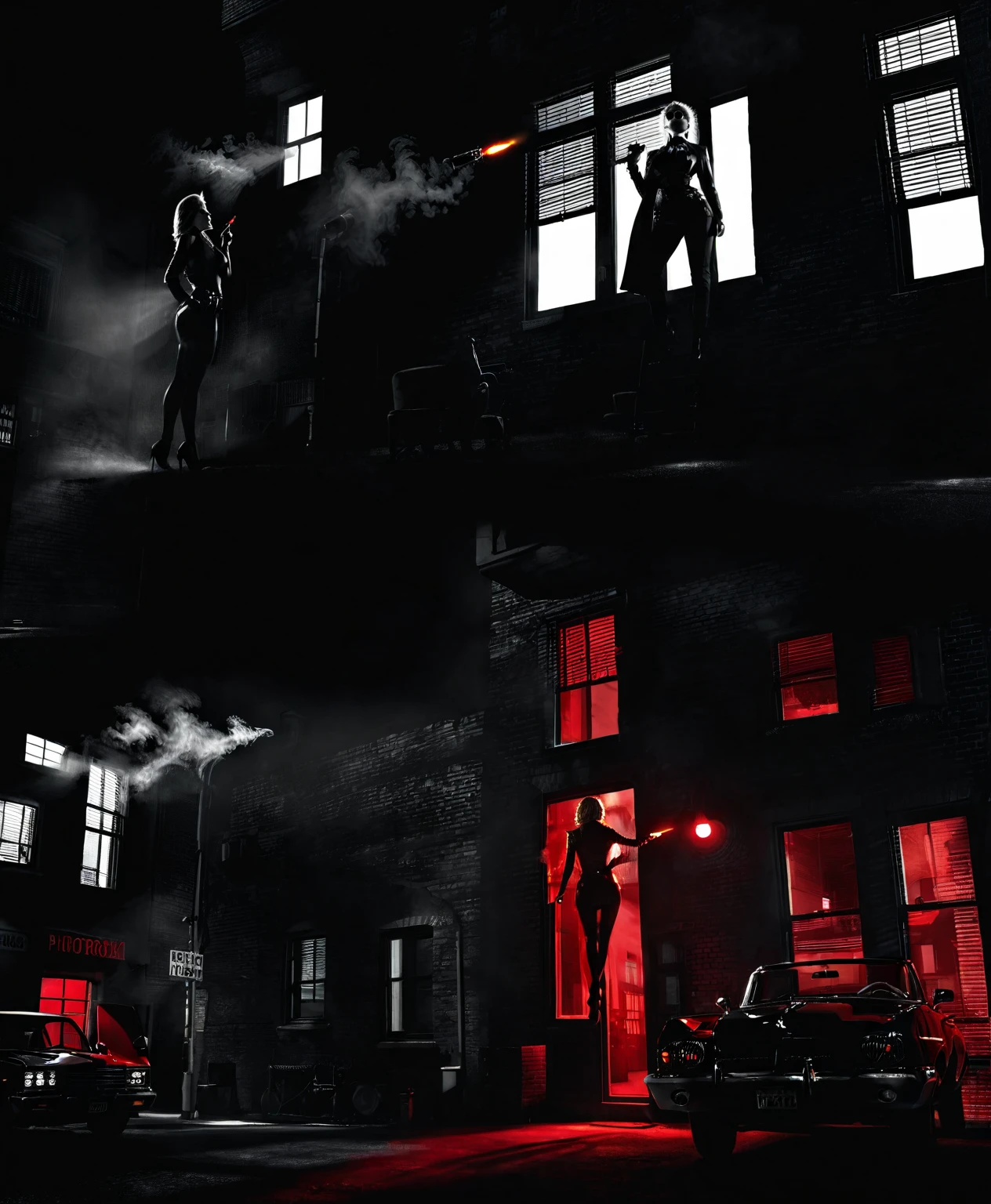 photorealistic noir scene from top to bottom view shot angle, black artwork of red high contrast featuring a woman on top of a buildingstanding with a pistol and cigar, smoke going high, half lights from the side, building with some windows lights off, street and car parked with lights on, shades of light, red and black artwork, wide angle.