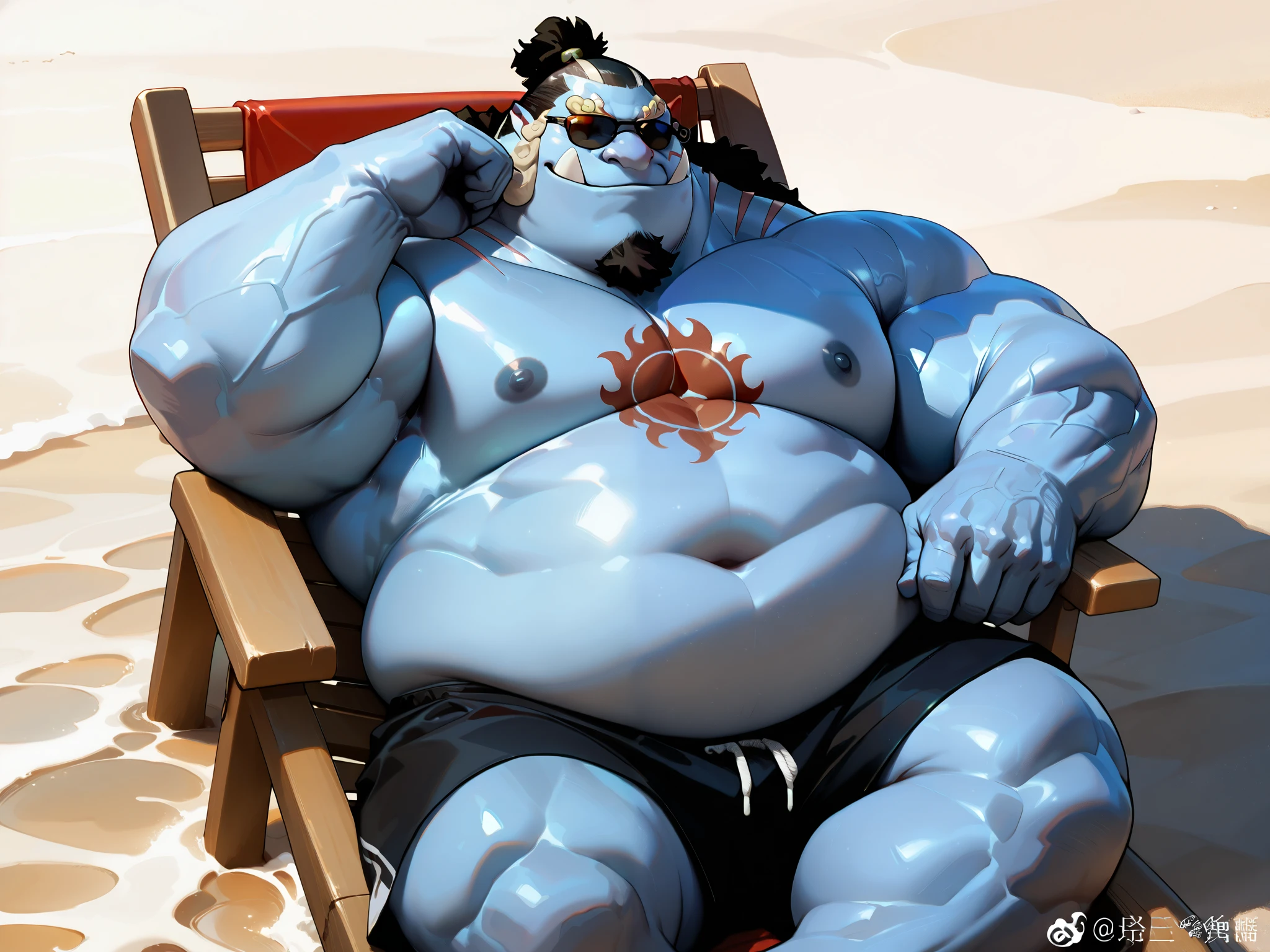 solo, 1boy,jinbe, blue skin, detailed face, beach, smile, Happy, detailed eyes, shorts, chest tattoo, wide shoulder, thick arms, (chubby, belly), wide pectoral, muscle, short hair:1.2, detailed eyes, focus eyes, sunglasses, sunbathing, shirtless, masterpiece, semirealistic:1.2, high detailed, 8k, high resolution