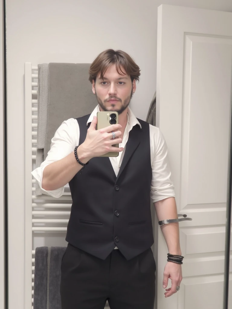 ((Taking a selfie with your phone,phone photos,6 pack abs,1 chico,alone, black suit, facial focus)),MALE MAN，20 years，korean male model,black fur,short hair,smile,sexy breasts,Thin waist,6 pack abs,Detailed physical description,