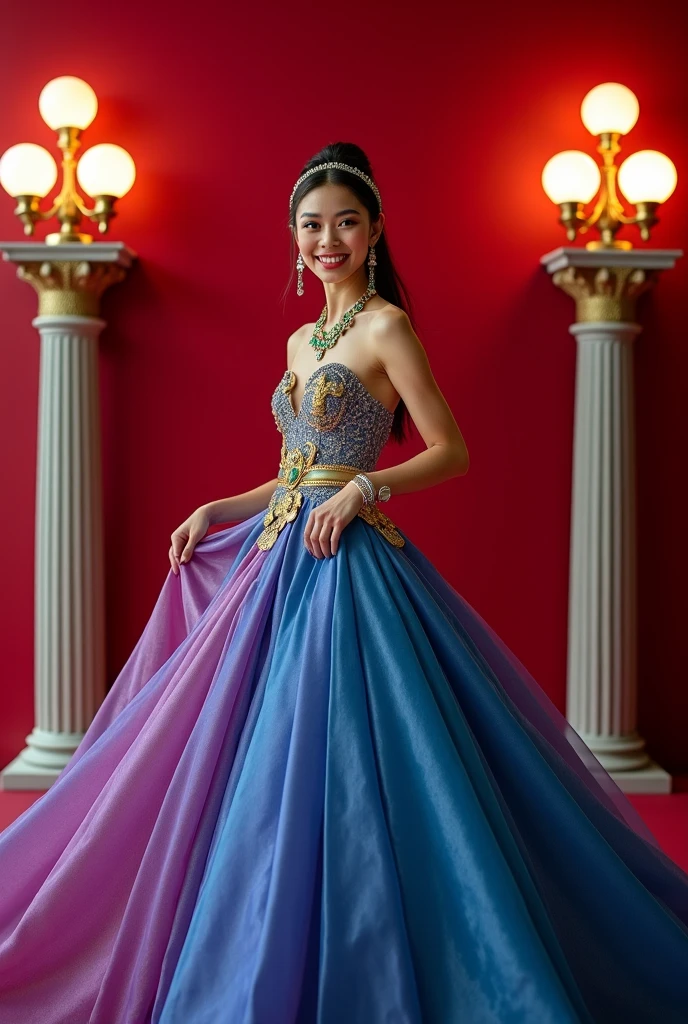 ((Masterpiece)), ((Best Quality)), A middle-aged short-hair woman, ((She is wearing an ornamental rainbow color satin wedding dress)), She is wearing gloves on her hands., outdoor, 