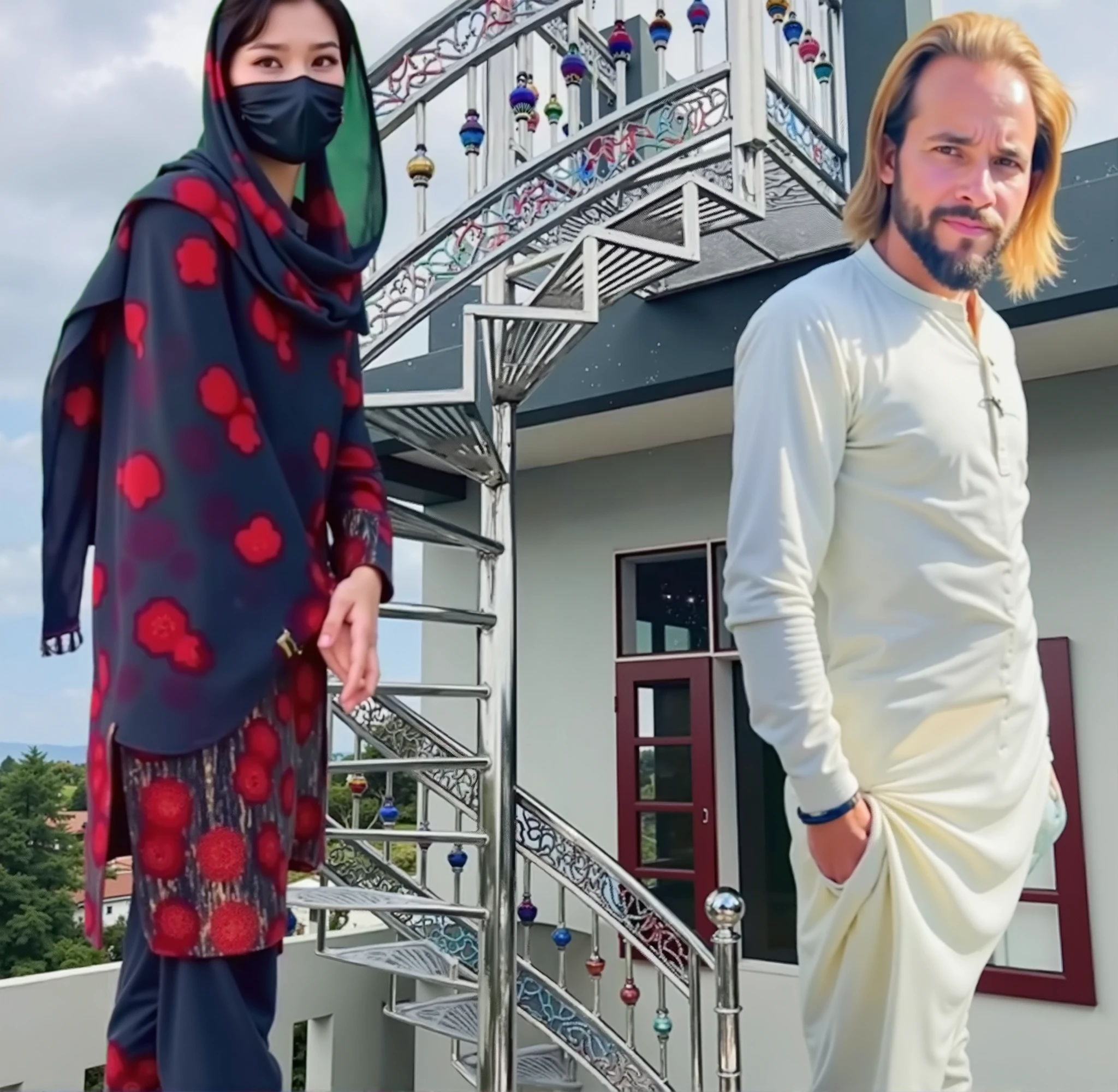 1man wearing black shirt, black kopiah, 1woman wearing dress, extreme quality, Cg unity 8k, super delicate, background blur, full depth of field, HDR high dynamics, real restoration, intricate and extreme details, perfectly presenting the style of midjourney art. realistic, elegant, goddess, surrealism, high detail, supremacy, cinematic lighting, ray tracing, shadow, uhd, retina, masterpiece, ccurate, anatomically correct, textured skin, super detail, high detail, high quality, high quality, award-winning, best quality, high resolution, 1080P, 16k, 8k, 4K, HD