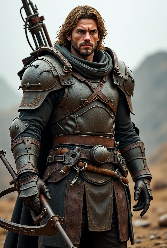 Short military buzz cut hair. A man with Dark-hair, muscular, with a fierce severe serious expression on his face, a five-o-clock shadow of a beard on his face. He's a soldier in red gold and silver armor with a kite shield with an emblem of a sword with a sunburst behind it on a red background. With a golden lion pauldron on one shoulder