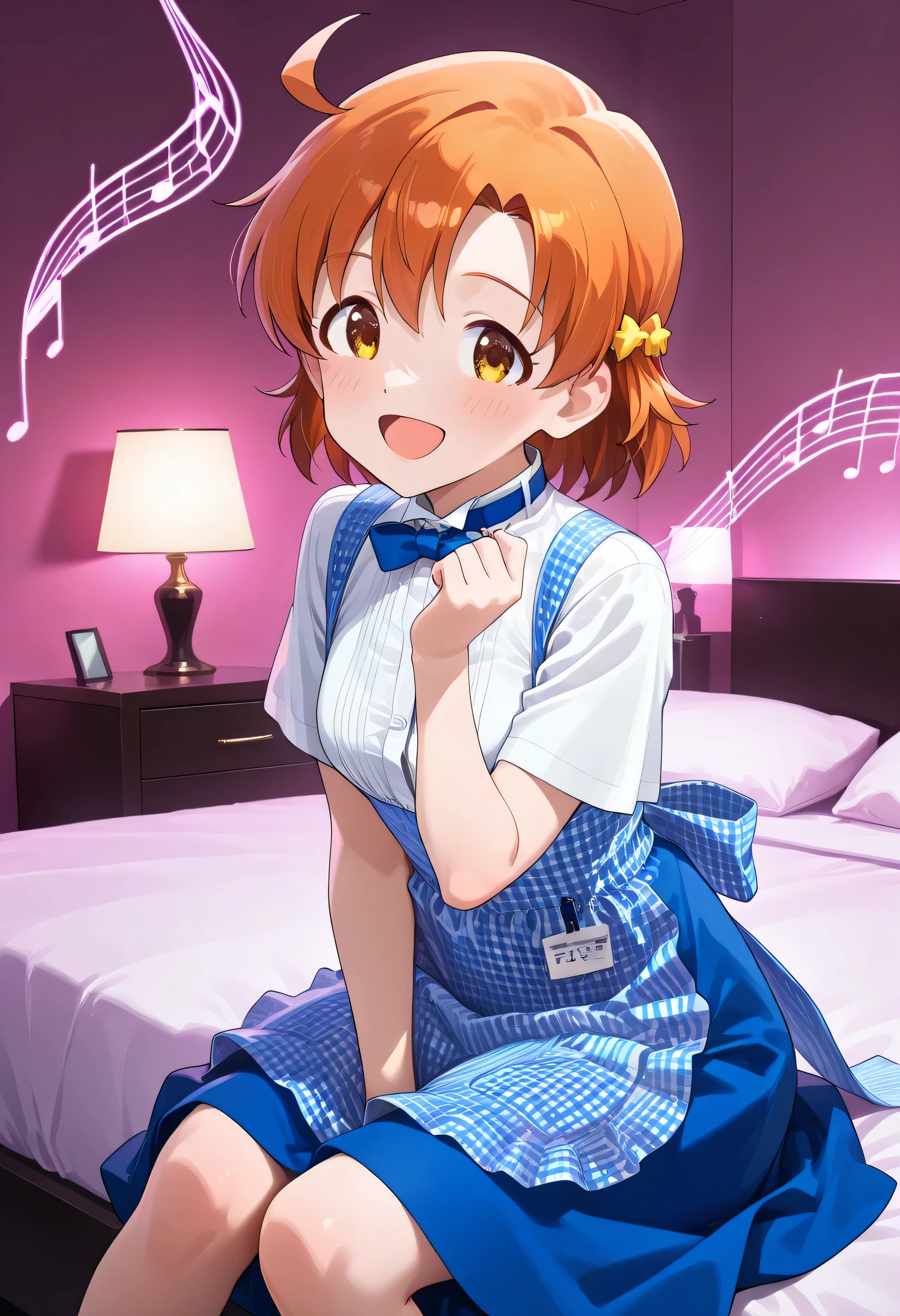 1girl ,Yabuki Kana ,The Idolmaster Million Live,hotel bed,kobeya uniform,blue bow, blue bowtie, white shirt, short sleeves, blue skirt, Blue apron, gingham apron, employee uniform, high-waist skirt,(beautiful girl:1.3),masterpiece,Please redeem,Ultra-high resolution,rich contrast,Very high quality,8k,Highly detailed CG unit wallpaper,Texture,So ridiculous,RAW Photos,Highest quality anime,anime-style illustration,studio anime style,professional photograph,an extremely delicate and beautiful,Depth of written boundary 1.2,Glowing Skin,Beautiful glossy lips,room illuminated by pink lights,happy,to open her mouth wide and say,I'm singing a song,(Flying Music Note:1.5), martius_nebula,holographic,colorful