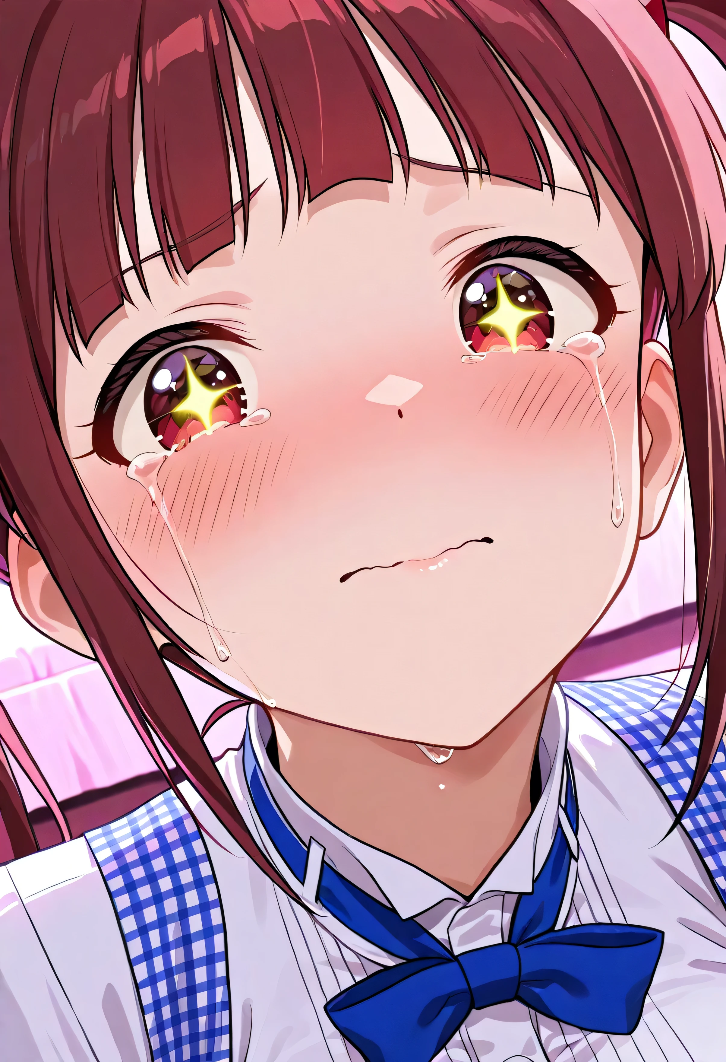  1girl ,matsuda arisa,The Idolmaster Million Live,(hotel bed),kobeya uniform,blue bow, blue bowtie, white shirt, short sleeves, blue skirt, Blue apron, gingham apron, employee uniform, high-waist skirt,big breasts,(beautiful girl:1.3),masterpiece,Please redeem,Ultra-high resolution,rich contrast,Very high quality,8k,Highly detailed CG unit wallpaper,Texture,So ridiculous,RAW Photos,Highest quality anime,anime-style illustration,studio anime style,professional photograph,an extremely delicate and beautiful,Depth of written boundary 1.2,Glowing Skin,Beautiful glossy lips,pink lighted room,(extreme close-up:1.8), teary eyes in the store,I'm desperately holding back from crying,sparkling eyes,((blush)),