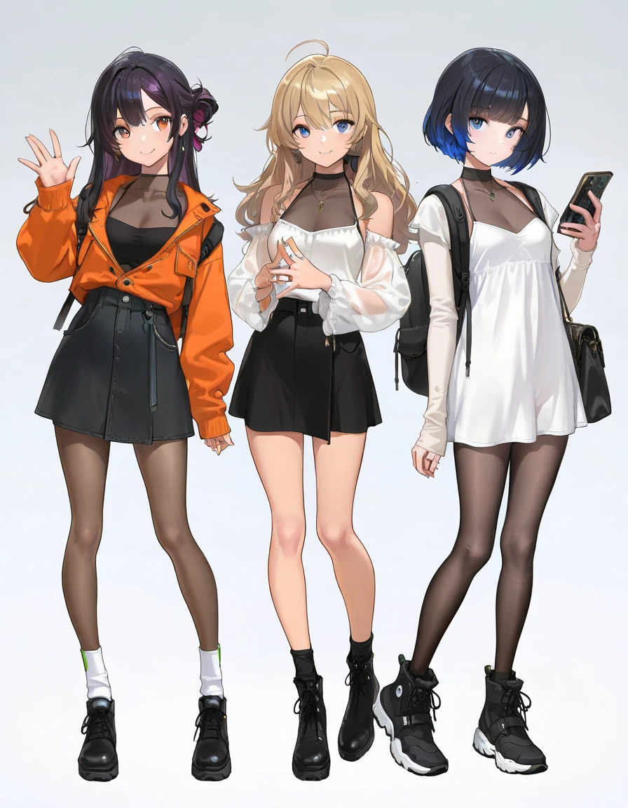 3girls, any color hair, blush, boots, clock, coat, fur-trimmed coat, fur-trimmed hood, fur-trimmed jacket, fur coat, fur collar, any color coat, fur trim, fur hood, zipped up coat, indoors, short coat, black puffer jacket, jacket, puffer coat, shiny puffer coat, black coat, jewelry, long sleeves, ring, long hair, wavy hair, sign, cute, hot, cuddling on bed, holding hands, smiling