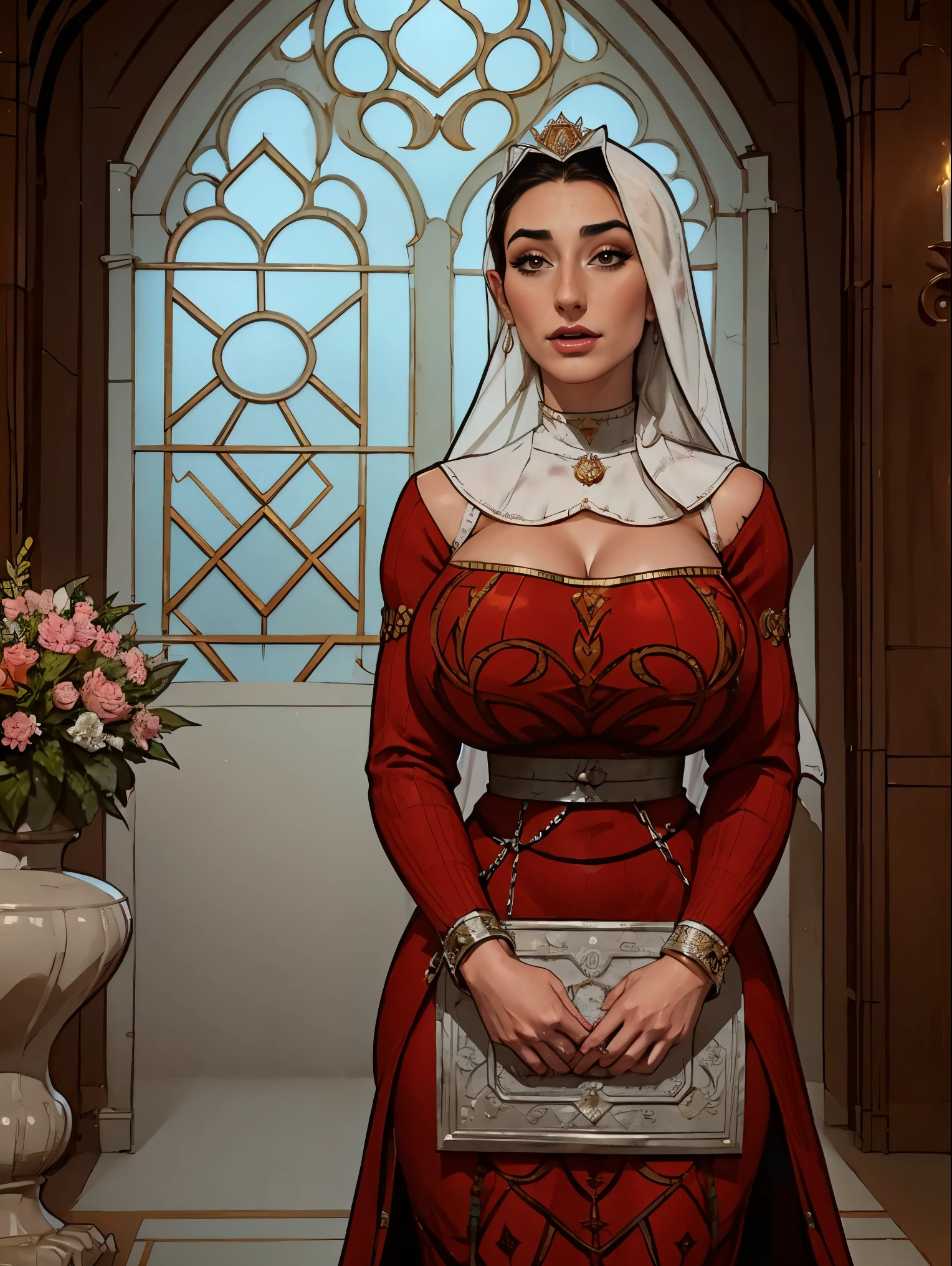 Beautiful and regal, imperious and aloof, busty athletic (thin) brunette queen with sharp facial features wearing a modest updo, dark red medieval dress, long sleeves, intricate patterns, scrollwork, wide neck, crown, veil, long dress, modest dress, tight bodice, (silver waist chain), medieval jewelry, Middle Ages, castle, rampart, wall, stained glass