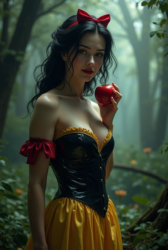 (masterpiece, photorealistic. Uhd) ((Dutch angle)). an ultra hot gorgeous European princess Snow White. Age 24. Long black wavy hair.in a corset dress, pleated skirt, black stockings. expressive green eyes, perfect face, large breast, small waist, perfect figure, highly detailed, showing cleavage, brown eyes, bangs, full body portrait, holding a red apple. in the misty woods,((walking surrounded by giant black lions )) golden hour light.