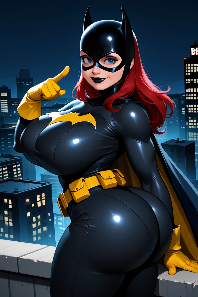 (masterpiece quality1.1), (insanely sophisticated detailed1.2), (realistic detailed beautiful face1.3), (1girl), beautiful face, RAW photo, best quality, high resolution, (masterpiece), POV, Batgirl, DC Comics, skintight outfit, Red hair, standing on Gotham City Rooftop, ((enormous belly)), ((incredibly overstuffed belly)), (photorealistic:1.4), dynamic volumetric lighting, professional photography, sharp focus, HDR, 8K resolution, beautiful angular face, high rating, intricate detail, sophisticated detail, depth of field, detailed soft eyes, big eyes, chubby, soft fat, smooth skin, tight clothes, undersized clothes, (correct anatomy1.6), ((hyper swollen belly1.5))