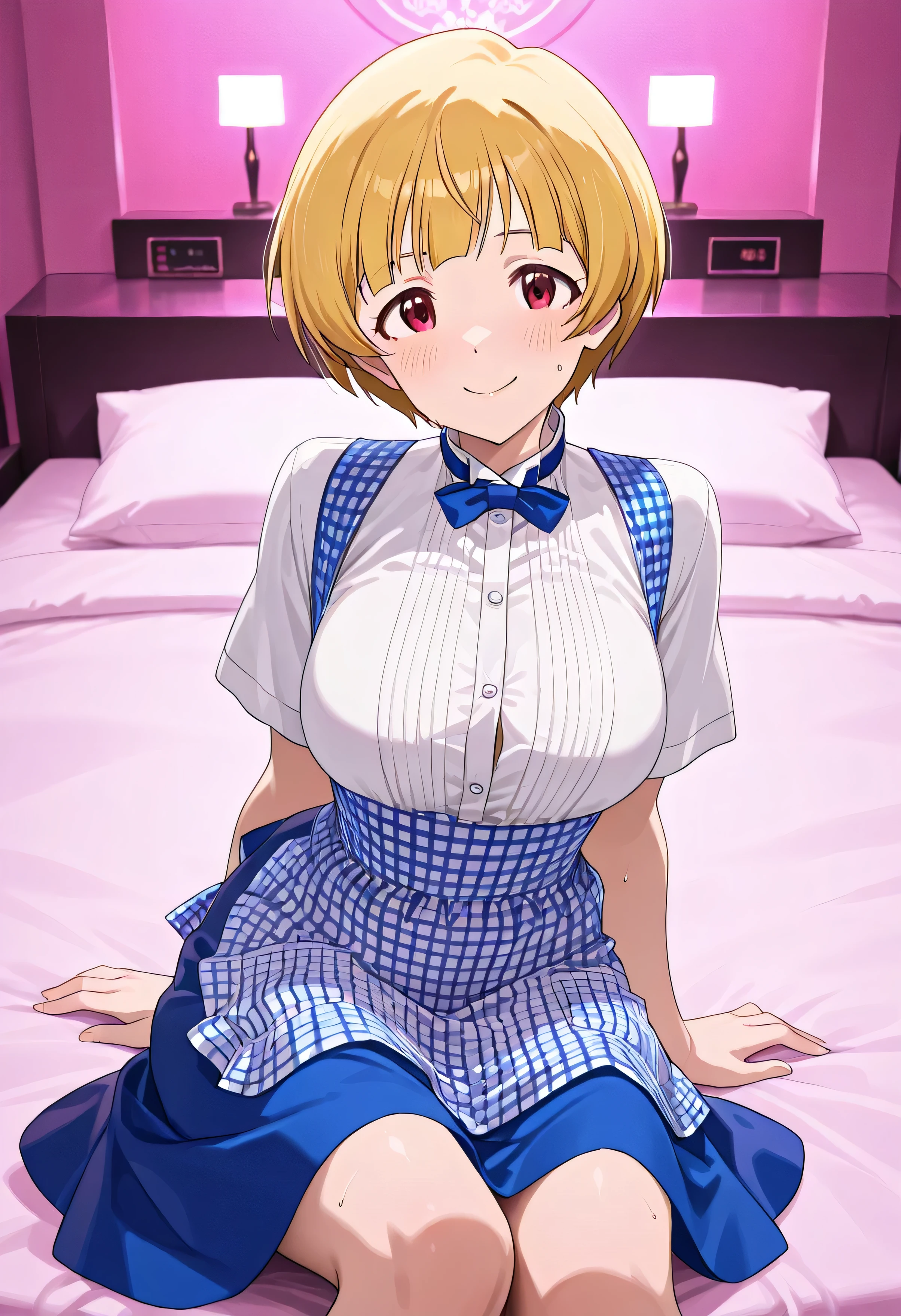(Blonde:1.5), 1girl ,I want Fukuda Noriko,The Idolmaster Million Live,(hotel bed),kobeya uniform,blue bow, blue bowtie, white shirt, short sleeves, blue skirt, Blue apron, gingham apron, employee uniform, high-waist skirt,big breasts,(beautiful girl:1.3),masterpiece,Please redeem,Ultra-high resolution,rich contrast,Very high quality,8k,Highly detailed CG unit wallpaper,Texture,So ridiculous,RAW Photos,Highest quality anime,anime-style illustration,studio anime style,professional photograph,an extremely delicate and beautiful,Depth of written boundary 1.2,Glowing Skin,Beautiful glossy lips,pink lighted room,(Pro Wrestling Practice),smile,sweat