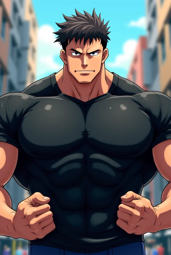 Generate anime-style art with a high-angle shot of a muscular male character with his body with his back to the camera, THE CHARACTER IS STANDING ON TOP OF A TALL BUILDING, O protagonista deve ter um corpo extremamente musculoso, muito alto, semelhante ao de um fisiculturista. O personagem deve ter o cabelo longo marrom escuro e deve estar sem camisa , with a black pants and must wear a white sneaker . A imagem deve retratar o corpo inteiro do personagem, com foco em sua postura intimidadora. The protagonist must exude strength and dominance, displaying a powerful presence. A cena deve apresentar apenas o personagem musculoso, THE CHARACTER MUST BE ON TOP OF A BUILDING SHOWING A LARGE CITY BELOW HIM