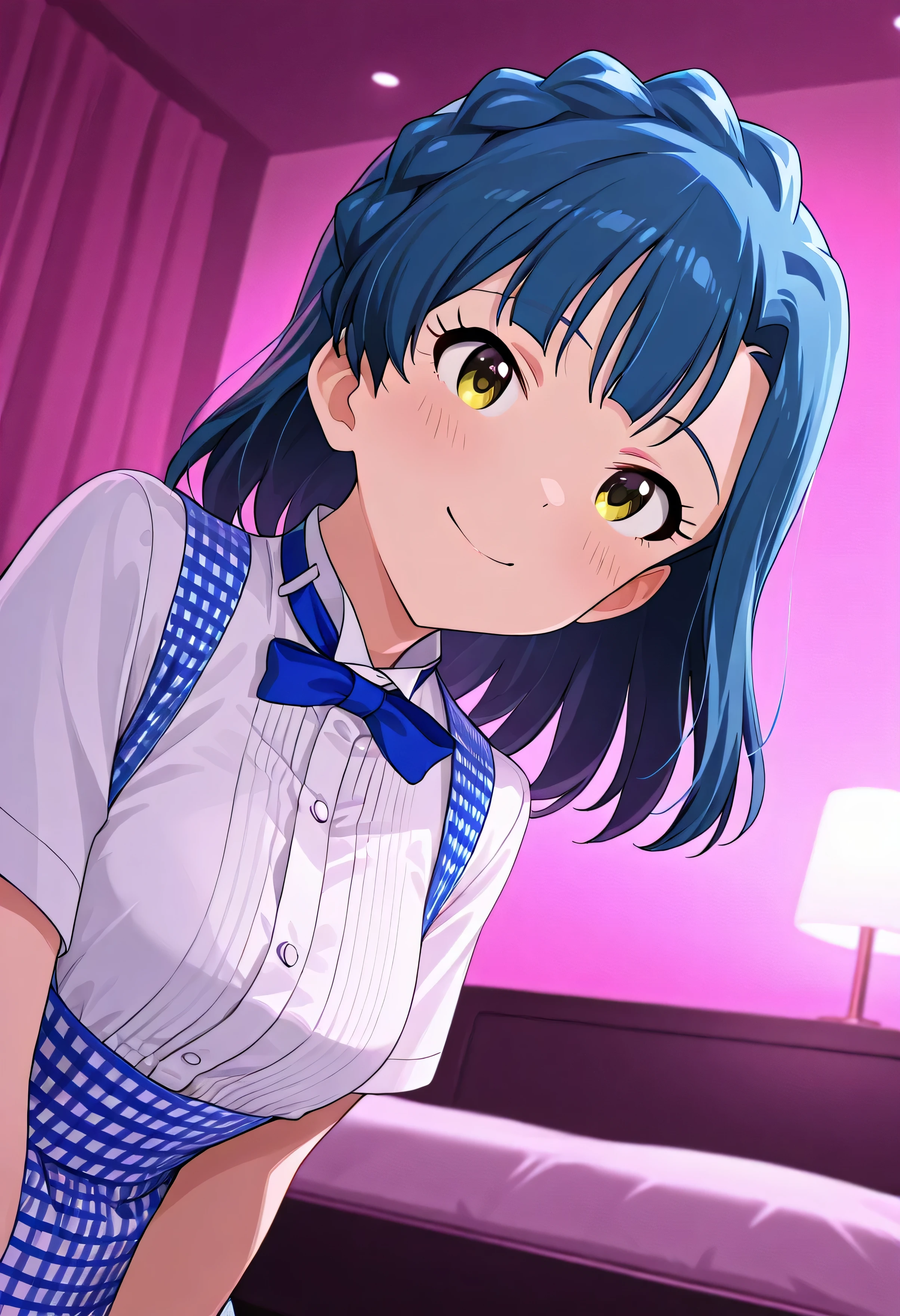 1girl ,nanao yuriko,Idolmaster Million Live,hotel bed,kobeya uniform,(beautiful girl:1.3),masterpiece,Please redeem,Ultra-high resolution,rich contrast,Very high quality,8k,Highly detailed CG unit wallpaper,Texture,So ridiculous,RAW Photos,anime-style illustration,studio anime style,professional photograph,an extremely delicate and beautiful,Depth of written boundary 1.2,Glowing Skin,Beautiful glossy lips,(pink lighted room),(extreme close-up:1.8),Leaning forward,Looking up,Tilt your head,smile,closed mouth