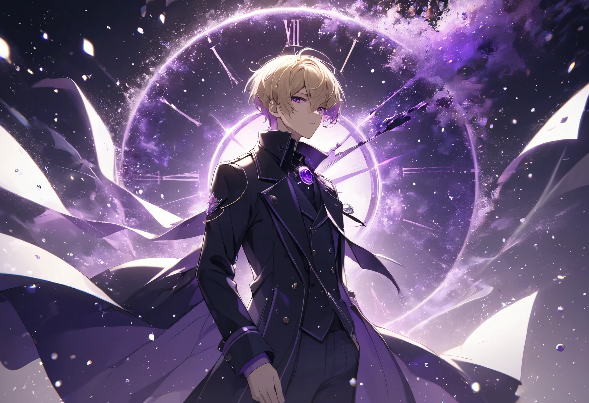 solo, handsome, 1 male, coat, short hair, blond hair, purple highlights hair, purple eyes, time, particles