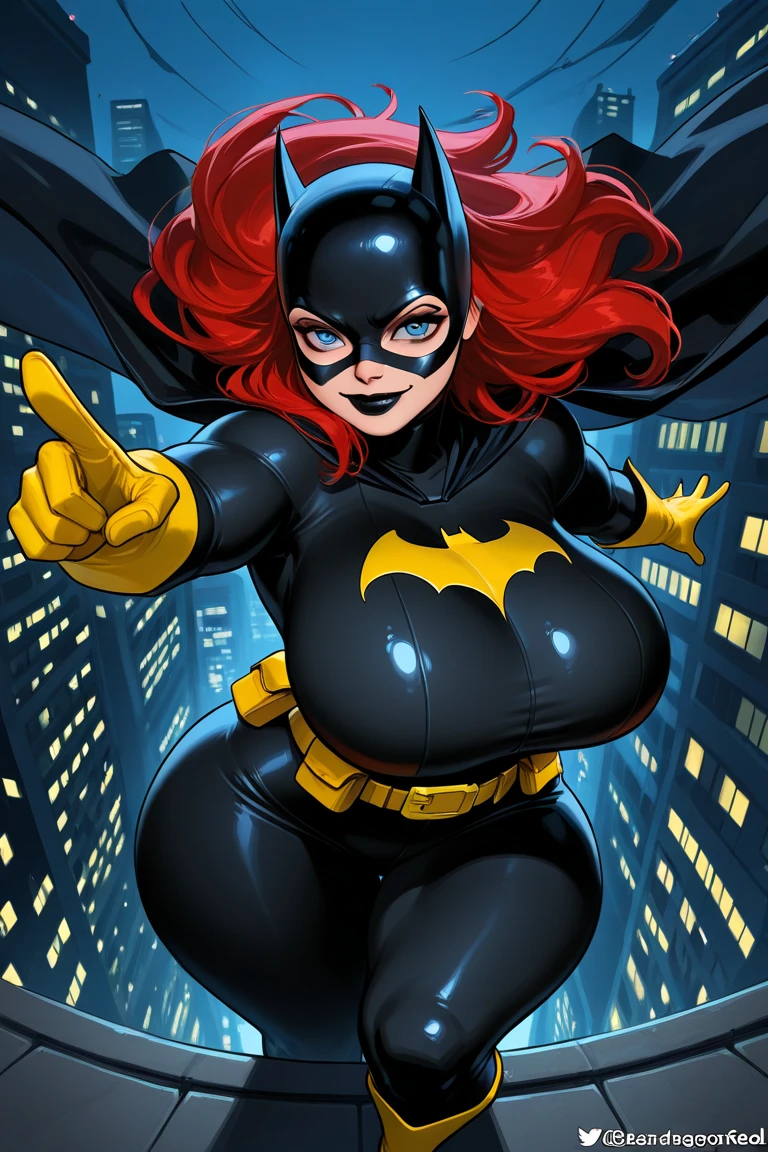 (obra-prima:1.2), (ultra-detalhado:1.2), (cinematographic lighting), (luz noturna), image takes place at night, Drawing of a beautiful woman in a crouched pose on top of buildings, Batwoman, mulher bonita e ultra detalhada, olhos chamativos, olhos azuis, corpo atletico, uniforme Batwoman, adulta, cabelo loiro, cabelo longo, curvy ass, gigantic breast, bubble butt

