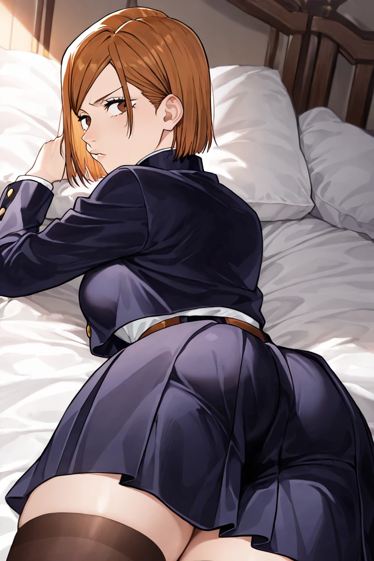 Nobara Kugisaki from Jujutsu Kaisen wearing a Power Girl costume、25-years old、beautiful legs and big chest、Brown hair、short-hair、hight resolution、8K、A smile、エロ、Beautiful legs、White High Leg、blue boot gloves、Bite