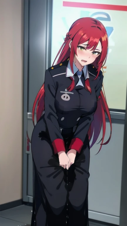 (high quality,Very detailed:1.37, High resolution), Woman, (mature:2.0), (Sakaki Yumiko:2.0), (very long hair:1.5), (purple hair:1.5), purple eyes, large breasts, military uniform, pants, (wetting herself:1.5), standing, (arms crossed:1.5), (embarrassed:1.5), (humiliation:1.5), (constricted pupils:1.5), (sweating:1.5), shaking, (trembling:1.5), (blushing:1.5), Meticulous details, (extremely detailed eys:1.37), space station, interior, science fiction, futuristic