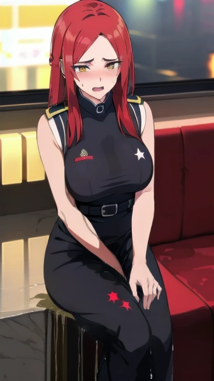 Face Focus , ((Highest quality)), ((Tabletop)), Perfect Face, （((White knee-highs))) ,   Official Art,,Beautiful Face,Standing posture,White tights,((((Thick thighs)))),Plump,Earrings,(Huge breasts),((((Crimson hair)))),(((ponytail))), heterochromia , right yellow eyes , left blue eyes,Odd Eye,((((black gloves)))),saliva, saliva stringiness, Textured skin, Ultra high definition, Very detailed, Angel halo, ((((military uniform)))), Angel wing , ミニスカート