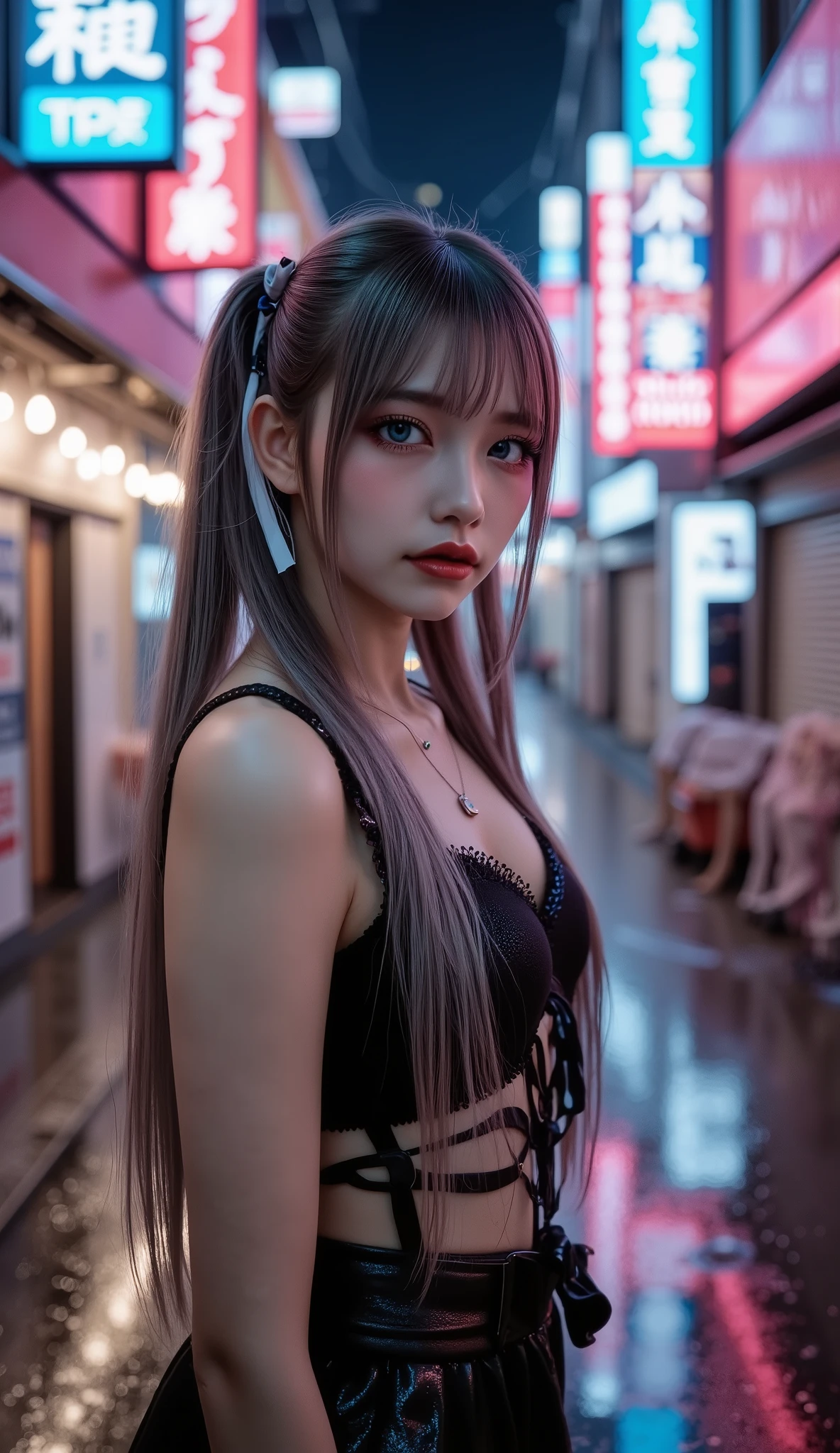  [Style: "masterpiece, realistic (Photorealistic realism), Hyper high resolution, (ultra quality, intricately detailed digital art), focus on extremely Realistic Proportion Body"] (Key Directive: "Prioritize anatomical accuracy and material textures") "Portrait of {woman in Tup tube standing on the street, full body shot | ultra realistic texture details: velvety skin, hair}" {Character: "20-year-old white woman, ((full and firm breas:1.3)), ((small butt))" | Face: "symmetrical, pale skin, full lips" | Eyes: "((sharp focus, no blurry eyes, Hyper absurd quality, Hyper details, Hyper realistic blue eyes:1.2))" - "((extra narrow eyebrows))" - "(Carefully draw Long blue_mascara:1.2)" - "(perfect round eyes)" | Makeup: "detailed lips:1.3, (apply glossy red_lipstick:1.25)" | Hair: "black with braids, (white ribbon)" | Pose: "dynamic side position" | Outfit: [Top: - "Tube (Simple short Tube), Black:1.25)"] [Bottom: "Tube Skirt, (black and tight)"] | Environment: "Tokyo backstreet at night (rain-slick asphalt, neon signage in Japanese)" | Lighting: - "Cinematic neon wash (pink/cyan dominance)" - "(aim into the distance and shoot)'' (Rendering engine: "Unreal Engine 5 path tracing, 16K texture maps"). The ultra-Highres,Unreal 5,Subsurface scattering,PBR Texturing,Post-Processing,Anisotropic Filtering,depth of fields,Maximum Sharpness and Sharpness,multi-layered texture,Albedo and Specular maps,Surface Shading,Precise simulation of light-material interactions,perfectly proportions,Octane rendering,Two-tone illumination,Wide Aperture, low ISO, white balance, The rule of thirds }