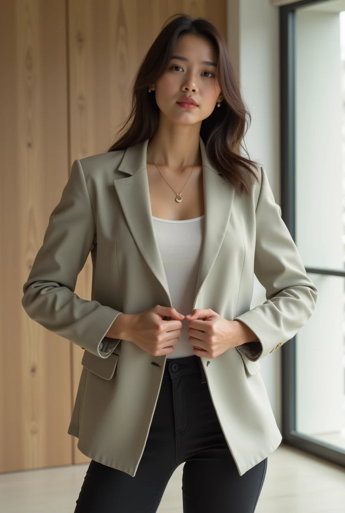 (top-quality, 16K, masterpiece:1.3), (ultra detailed), (masterpiece), (best quality), Highest quality, Realistic, surreal, Highest quality, Extremely detailed CG, Very delicate, 16K wallpaper, High resolution, A female manager working for a top company, 3, UNTITLED business suits, Japanese, slender body, very detailed, detailed fingers, detailed hands, detailed eyes, detailed legs, accurate and perfect human anatomy, real human skin, BREAK ((look into the viewer's eyes:1.5)), ((looking at viewer:1.5)), ((Front view:1.5)), ((from front:1.5)),