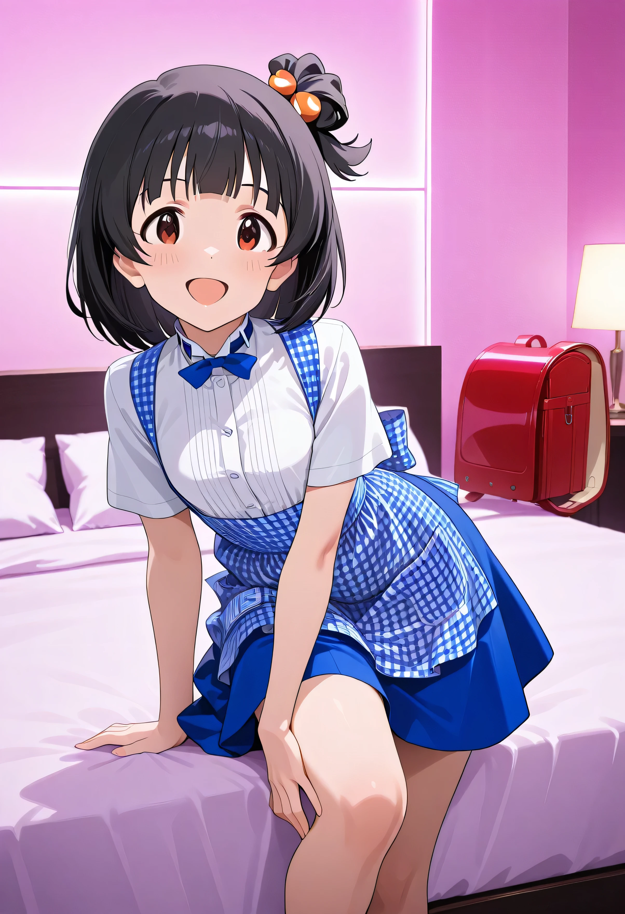 1girl ,Nakatani Iku,Idolmaster Million Live,hotel bed,kobeya uniform,blue bow, blue bowtie, white shirt, short sleeves, blue skirt, Blue apron, gingham apron, employee uniform, high-waist skirt,(beautiful girl:1.3),masterpiece,Please redeem,Ultra-high resolution,rich contrast,Very high quality,8k,Highly detailed CG unit wallpaper,Texture,So ridiculous,RAW Photos,anime-style illustration,studio anime style,professional photograph,an extremely delicate and beautiful,Depth of written boundary 1.2,Glowing Skin,Beautiful glossy lips,(pink lighted room), randoseru,frolic on the bed,smile, open your mouth wide,small breasts,(She is doing a sexy pose with her skirt rolled up on the bed:1.5)