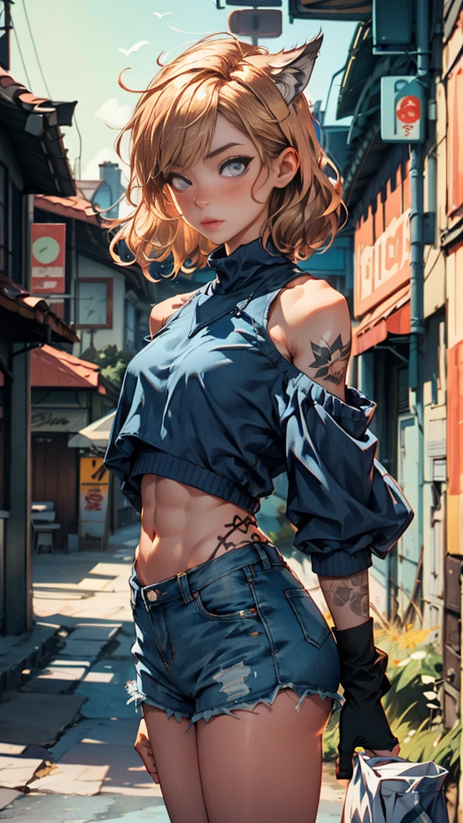 ((masterpiece, highest quality, Highest image quality, High resolution, photorealistic, Raw photo, 8K)), Woman with blonde short hair and black top, denim mini skirt, android 18, anime girl, (She is wearing a short skirt, a long-sleeved shirt, and a Slim Denim Vest), (very detailed figure), saiyan girl, beautiful portrait of android 18, casual pose, badass pose, Detailed skin, blue eyes, thighs visible, In Dynamic Pose, grim face, stand with one's legs spread apart, ((The screen says "Android 18" in large letters)),