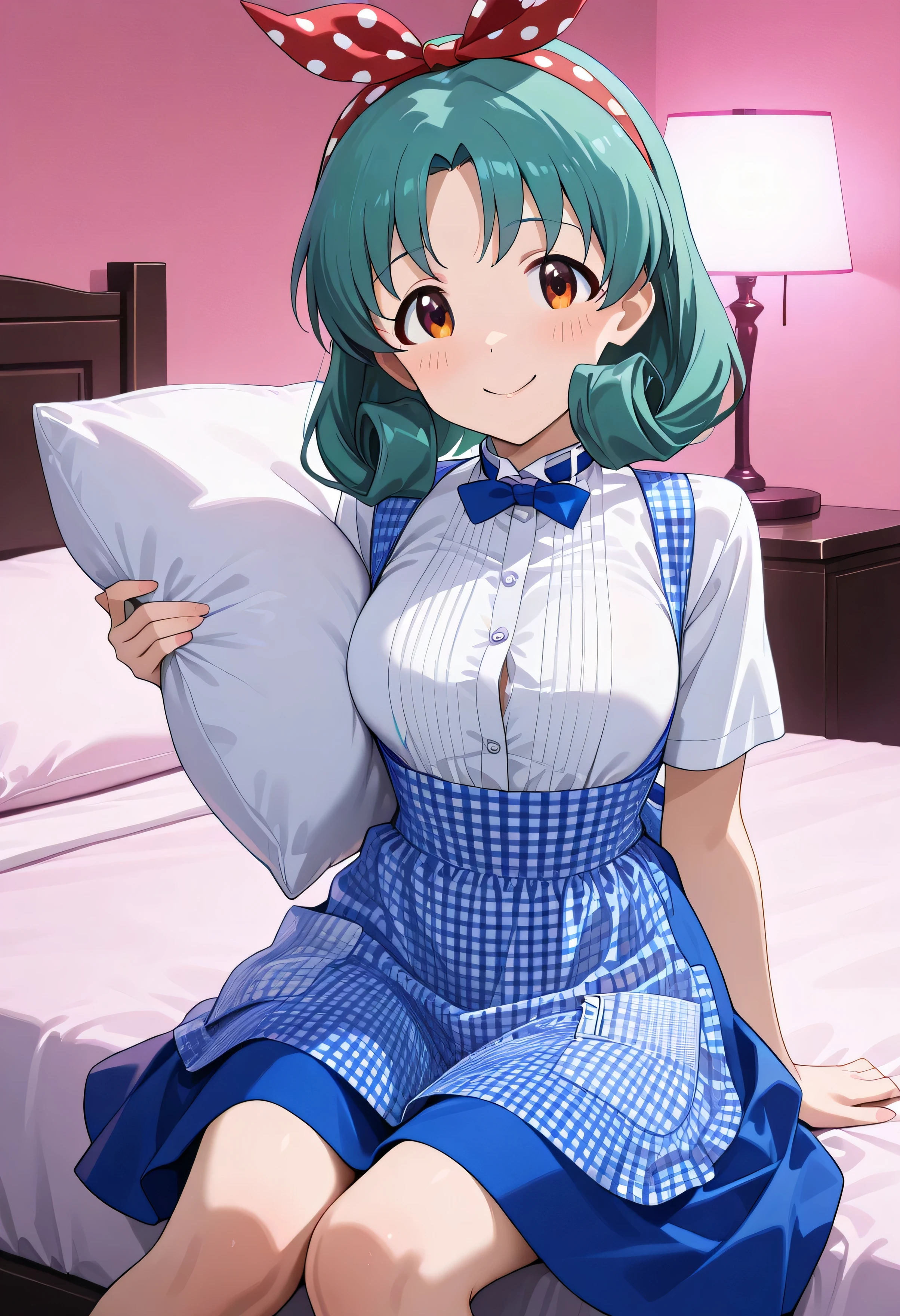 1girl ,TokuGawa Matsuri ,Idolmaster Million Live,hotel bed,kobeya uniform,blue bow, blue bowtie, white shirt, short sleeves, blue skirt, Blue apron, gingham apron, employee uniform, high-waist skirt,(beautiful girl:1.3),masterpiece,Please redeem,Ultra-high resolution,rich contrast,Very high quality,8k,Highly detailed CG unit wallpaper,Texture,So ridiculous,RAW Photos,anime-style illustration,studio anime style,professional photograph,an extremely delicate and beautiful,Depth of written boundary 1.2,Glowing Skin,Beautiful glossy lips,(room illuminated by pink lights holding a pillow),(red ribbon with white polka dots on the head),smile,(I'm lifting the bed with one hand)